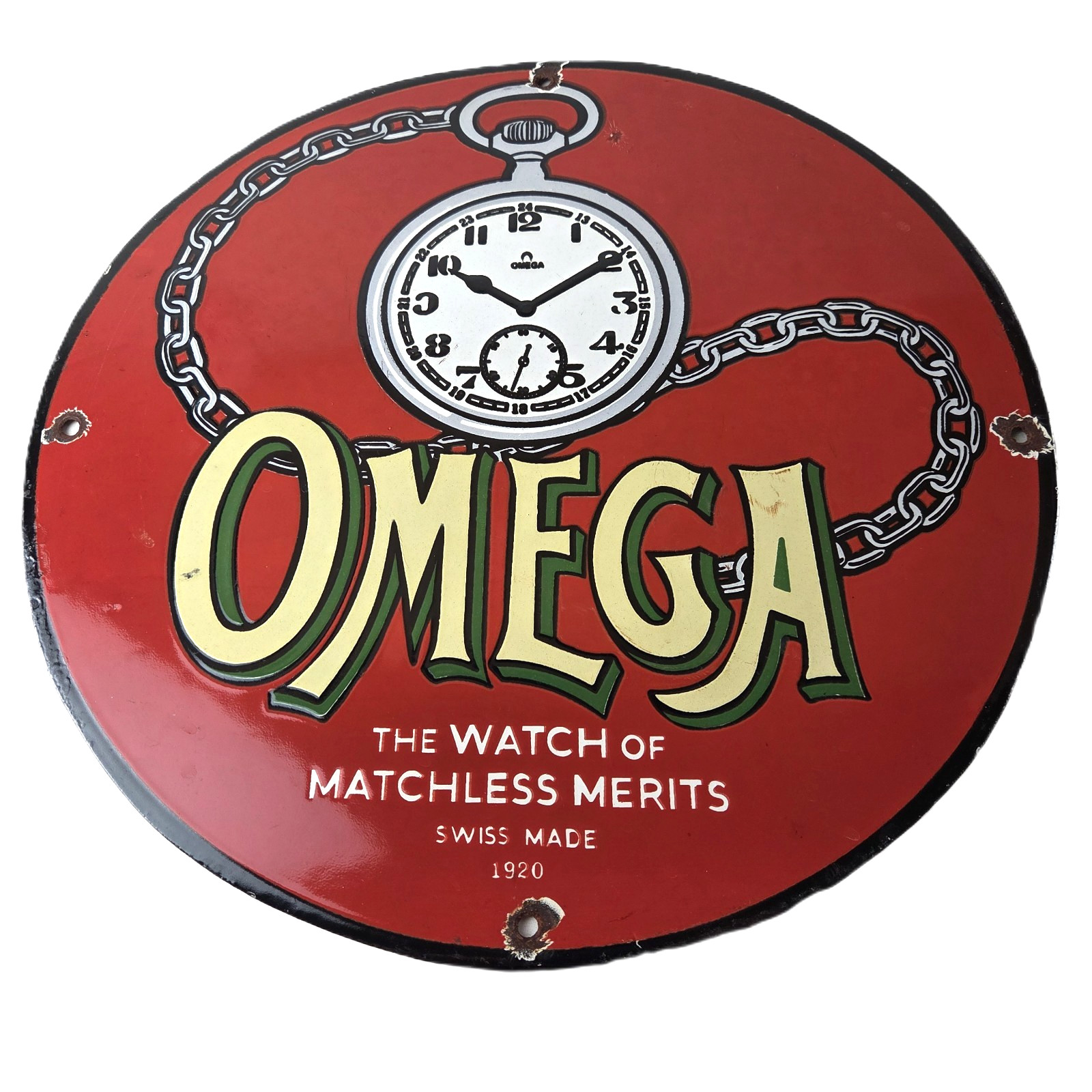 Vintage Omega Watches Porcelain Sign - Swiss Made Store Display Gas Pump Sign Vintage Omega Watches Porcelain Sign - Swiss Made Store Display Gas Pump Sign