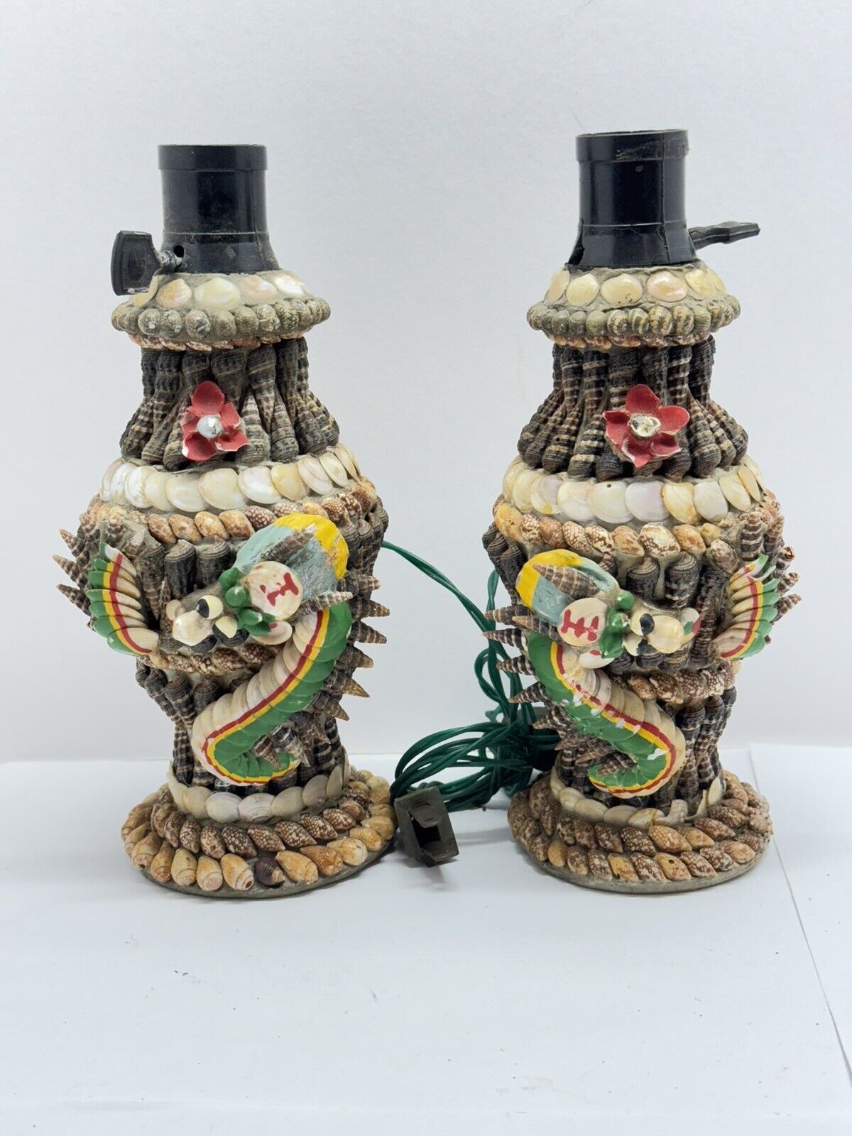 Vintage Pair Shell Encrusted Dragon Table Lamps Souvenir MCM