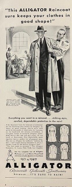 Rare 1941 Original Vintage Alligator Mens Raincoat Fashion Advertisement Ad