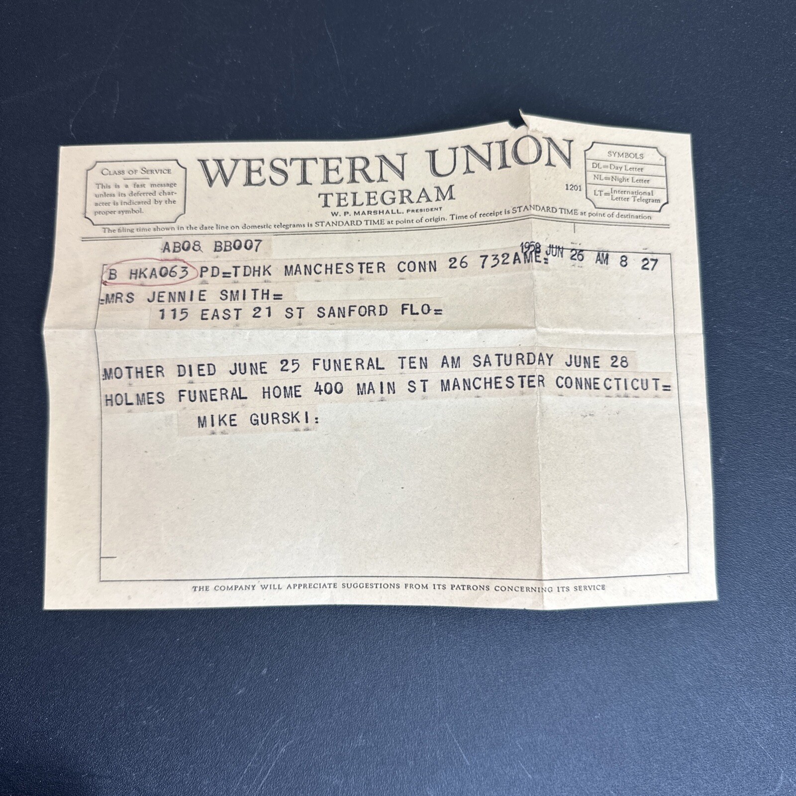 Vtg Western Union Telegram June 1958 “Mother Died” Vtg Western Union Telegram June 1958 “Mother Died”