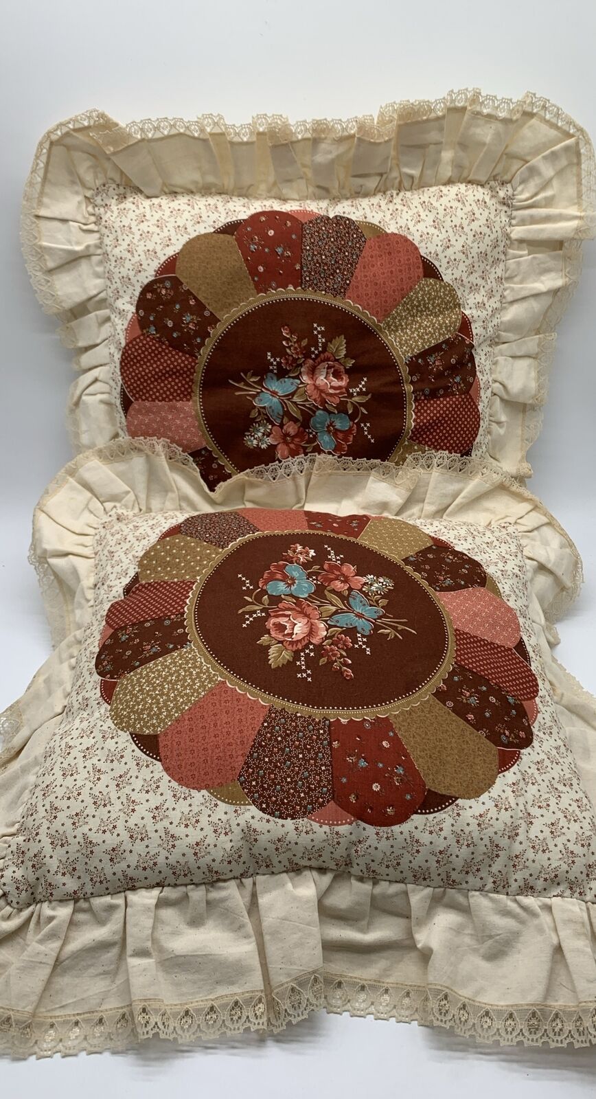 Vintage Granny Cottage Core Ruffled Throw Pillows Blue Red Floral Butterfly 