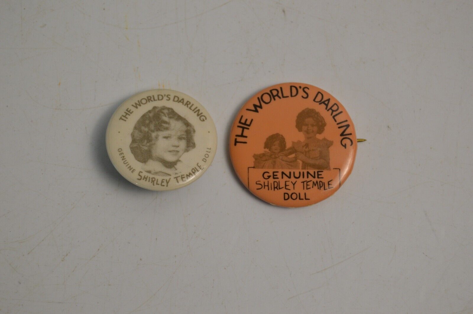 2 Vintage Shirley Temple Pinbacks Buttons The World's Darling Genuine Doll