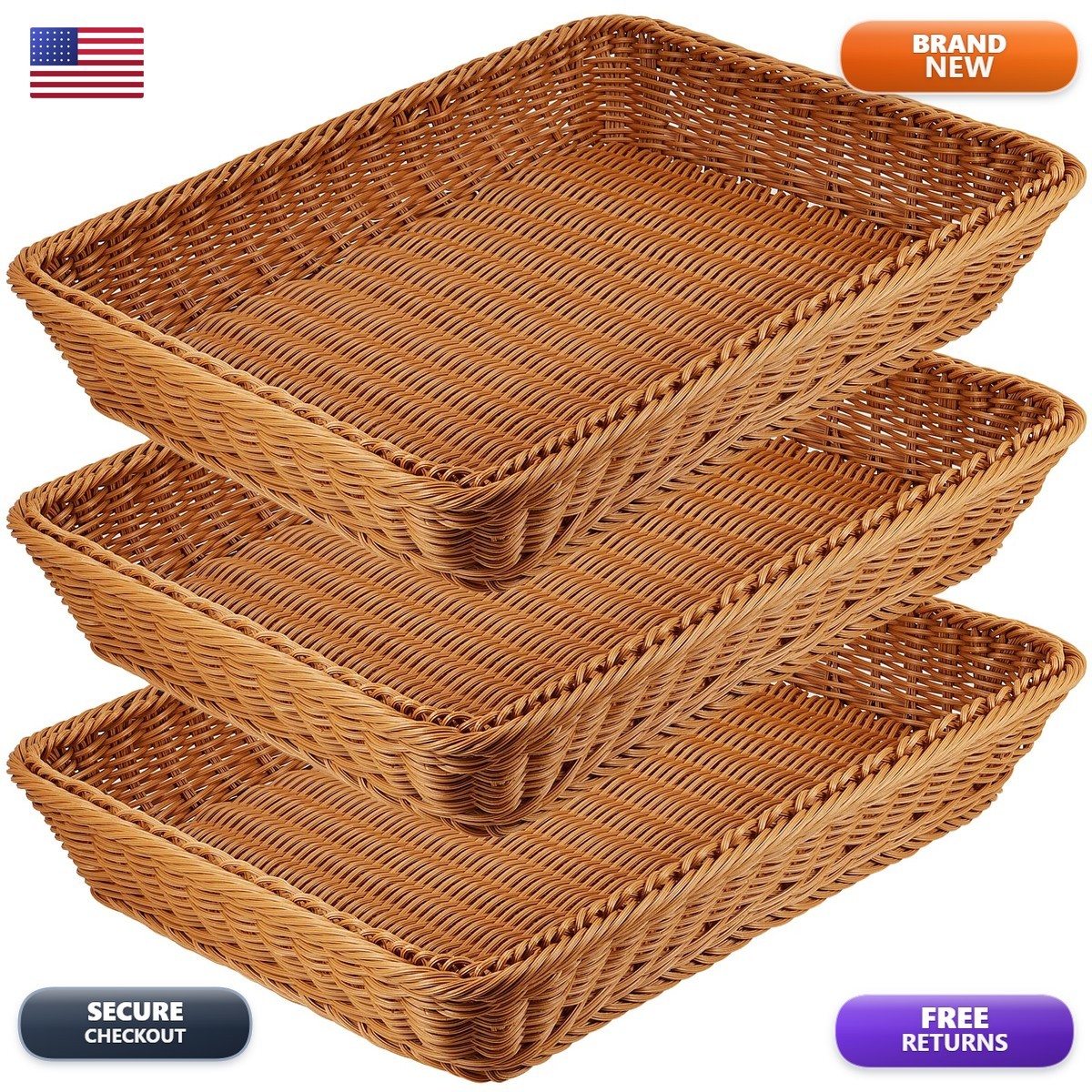 MANCHAP 3 PCS 16 Inch Poly Wicker Bread Baskets Rectangle - Brown