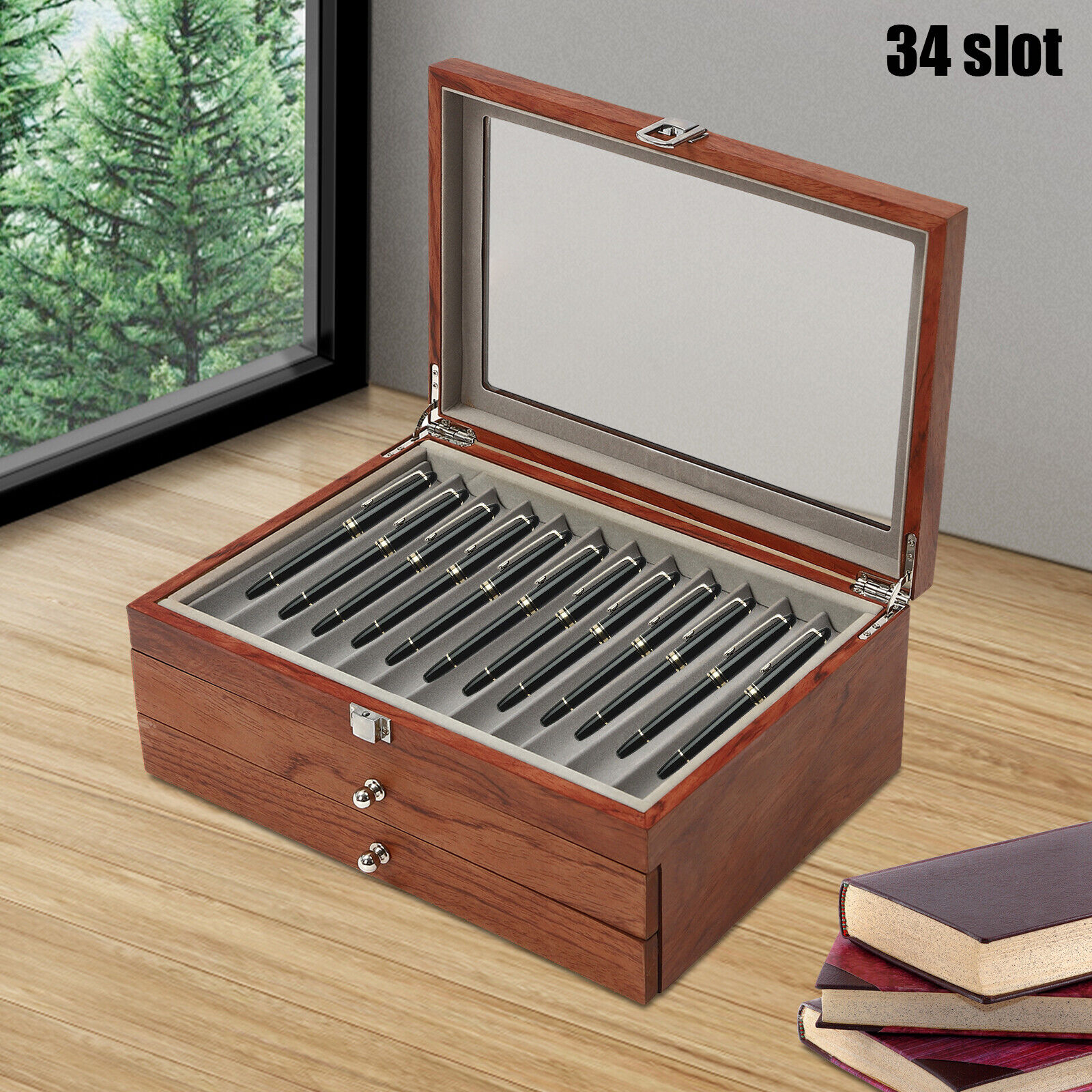 Clear Top Organizer Storage Collector Box 34 Slot Fountain Pen Wood Display Box