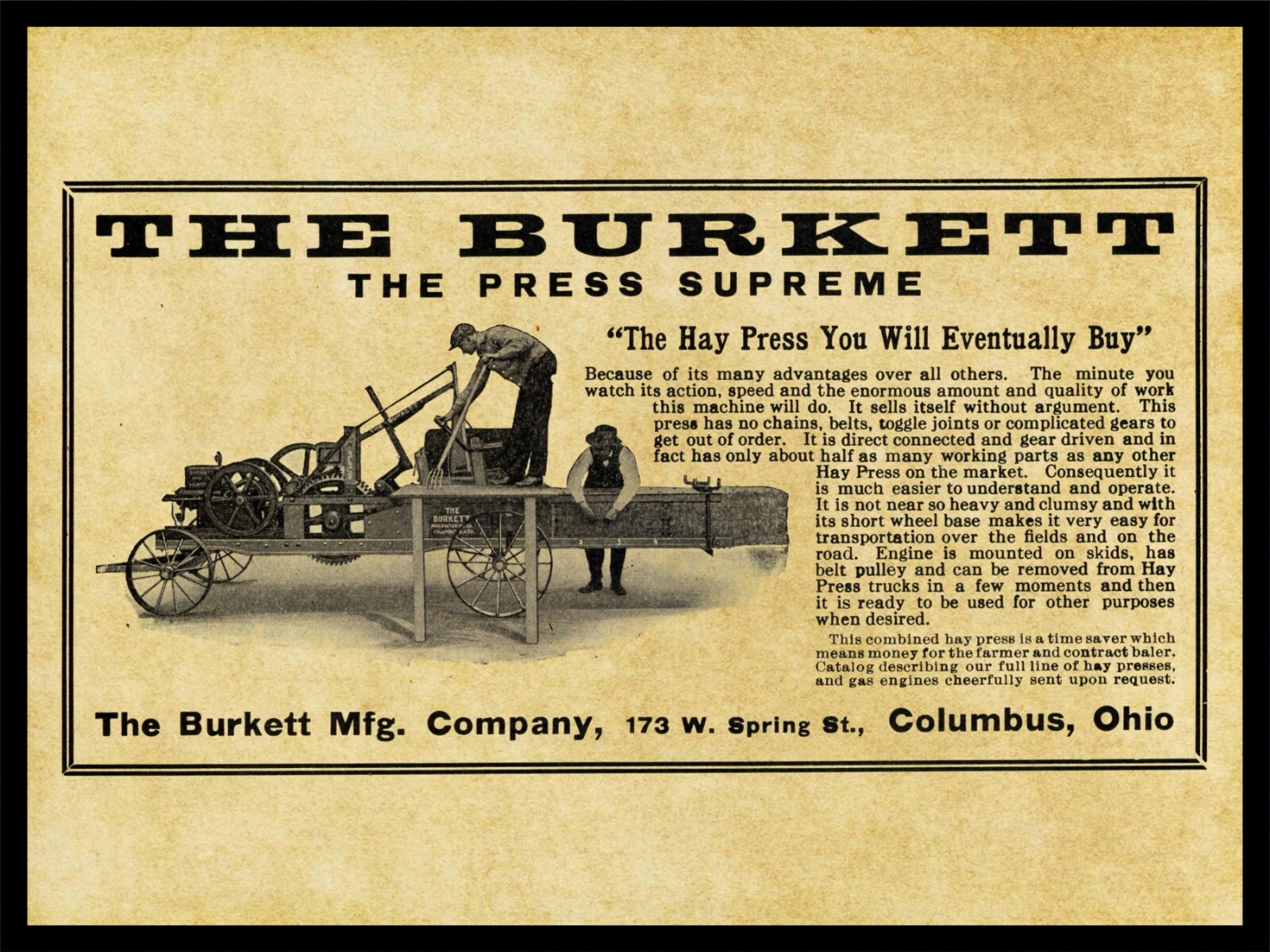 1915 Burkett Hay Press NEW Metal Sign: The Press Supreme - Columbus, OhiO