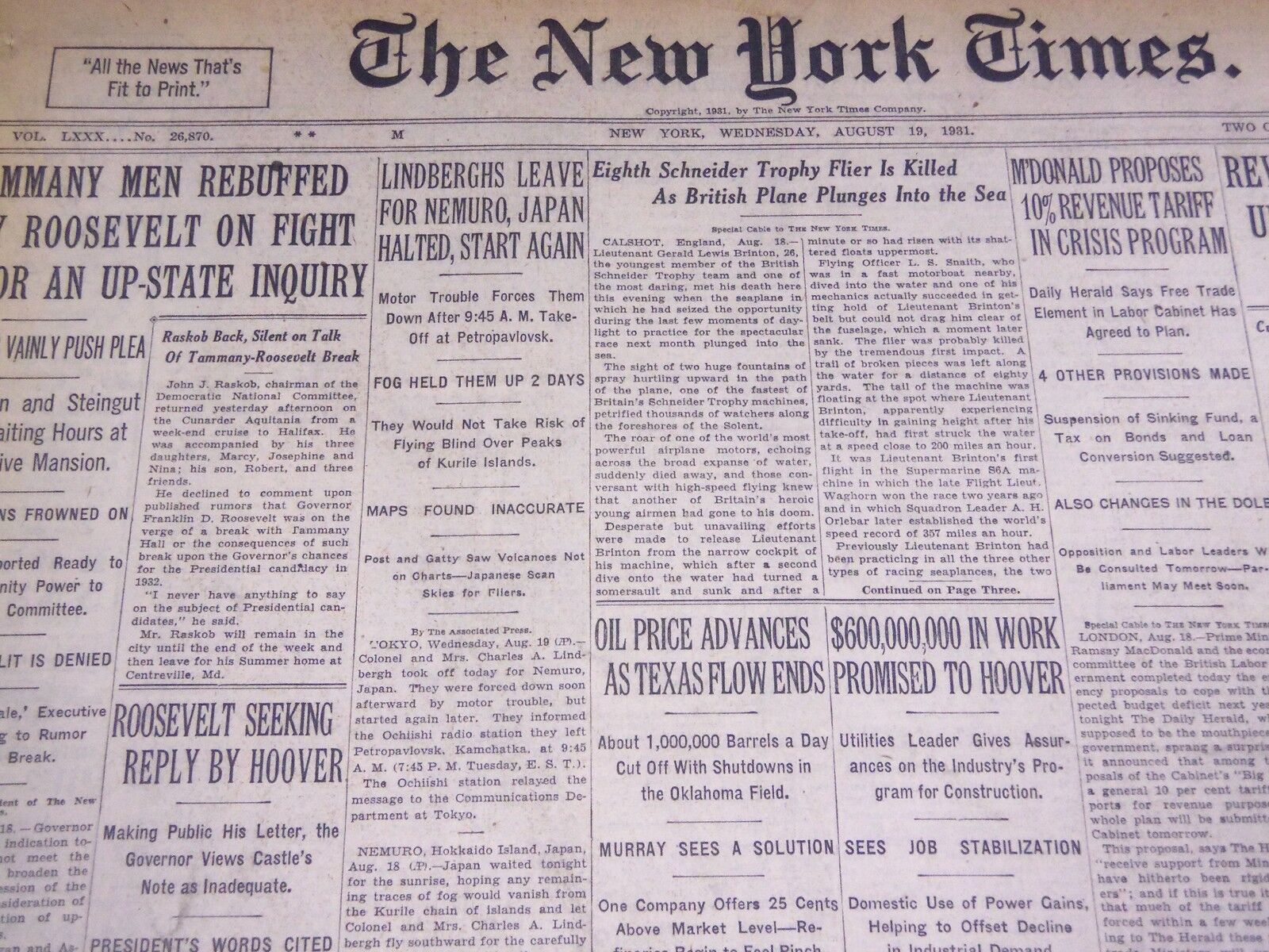 1931 AUGUST 19 NEW YORK TIMES - LINDBERGH\'S LEAVE FOR NEMURO JAPAN - NT 2450