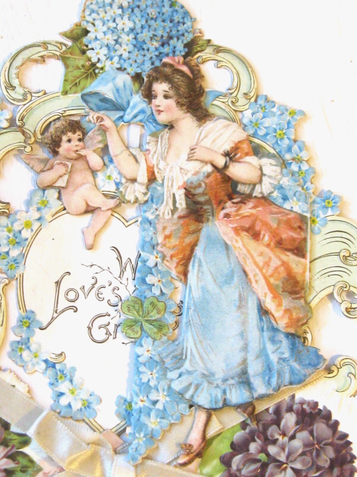 ANTIQUE VICTORIAN DIE CUT PAPER VALENTINE CHERUB ANGEL FLOWERS FANCY FRAME SHAPE
