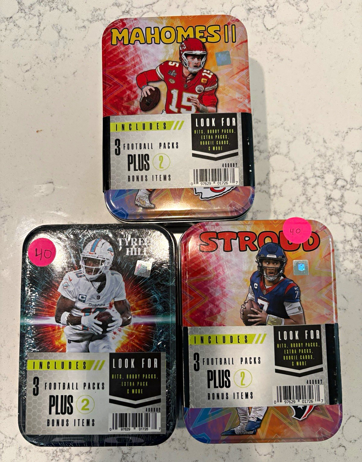 NFL 2024 Advertising Tin Lot of 3: Mahomes II, Tyreek Hill, C.J. Stroud