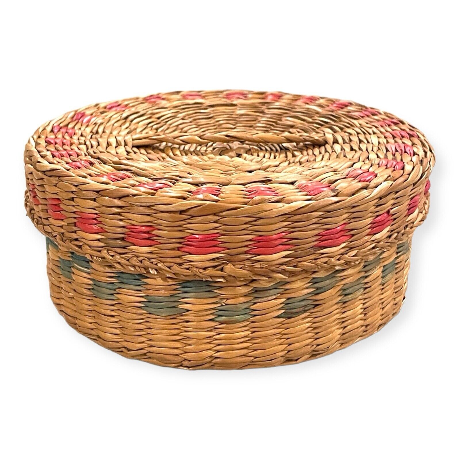 Vintage Small Sweet Grass Woven Basket Fitted Lid Round Multicolor Trinket Box