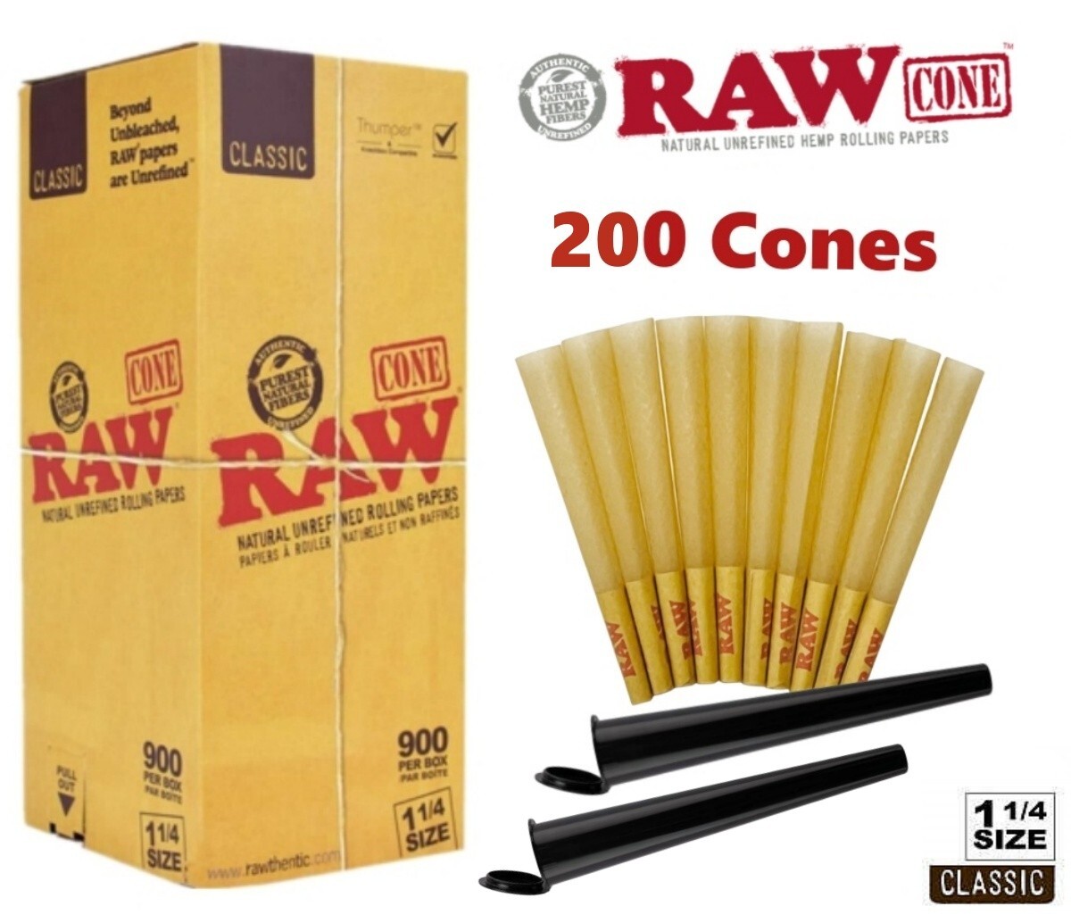 Authentic RAW Classic 1 1/4 Size Pre-Rolled Cone 200 Pack & Free  2 Tubes