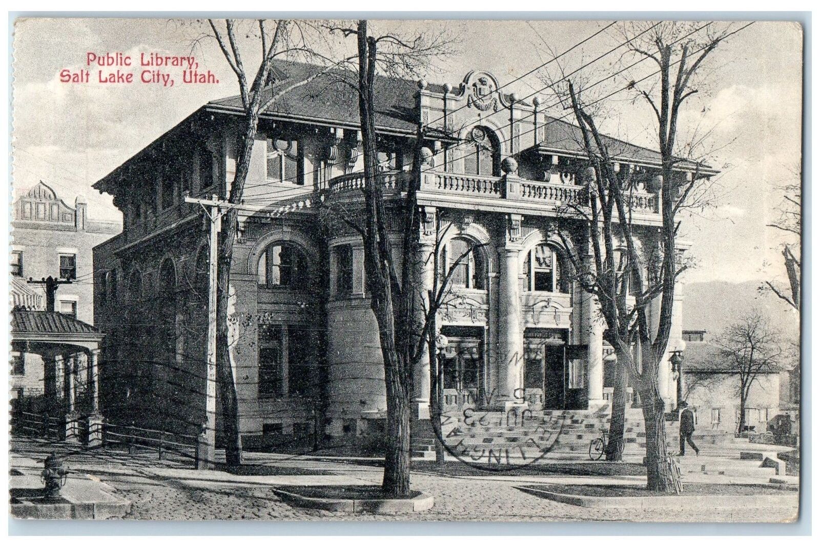 1908 Public Library Building Entrance Roadside Salt Lake City Utah UT Postcard