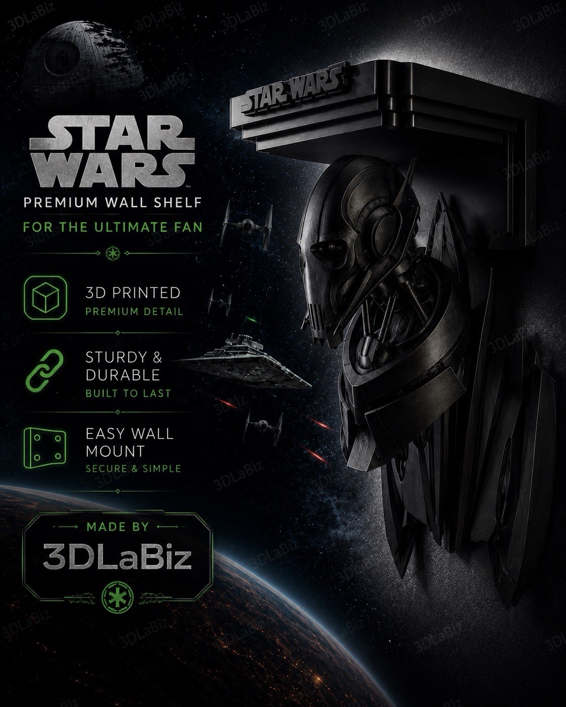 Star Wars General Grevious Metallic Gray Soulless One Like 5x5 Top Wall Shelf
