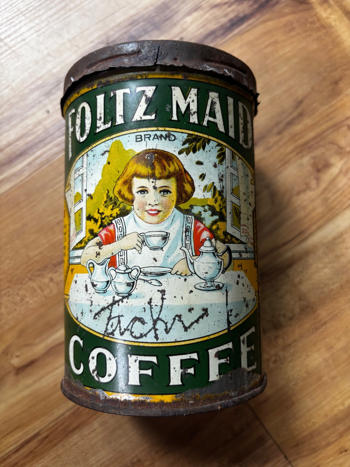 RAre Early Tall 1lb Foltz Maid Vintage Coffee Tin Can