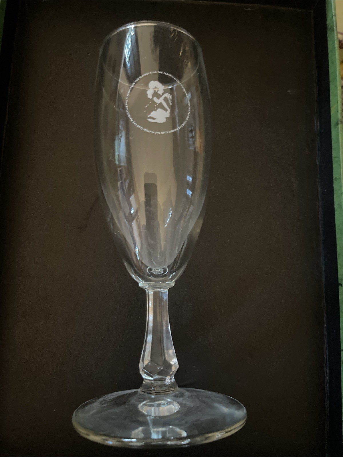 PLAYBOY CLUB CHAMPAGNE GLASS WITH FEMLIN PRINT DESIGN HUGH HEFNER BUNNY