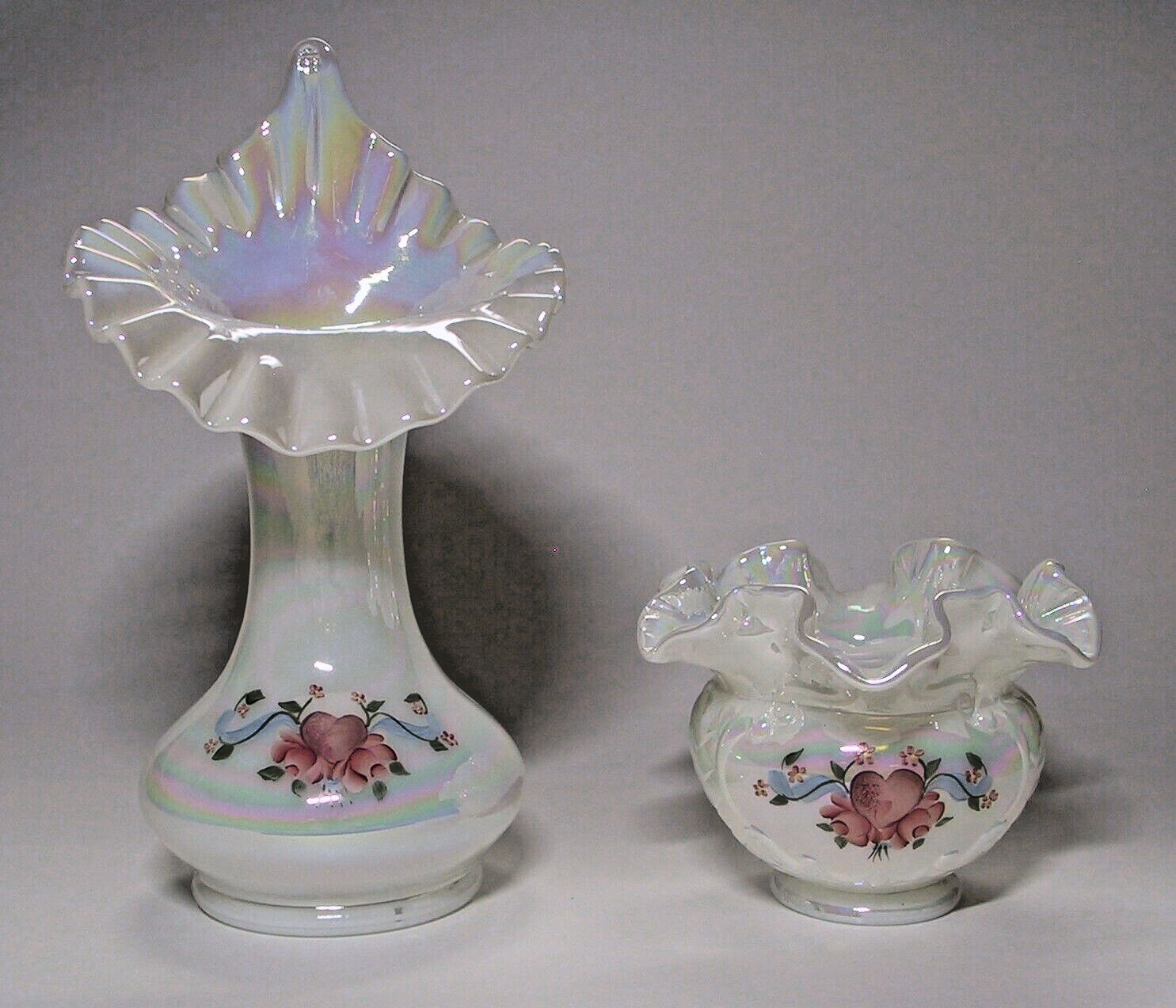 2 Beautiful Pristine Vintage Fenton Hearts and Flowers Vases each Artist Signed