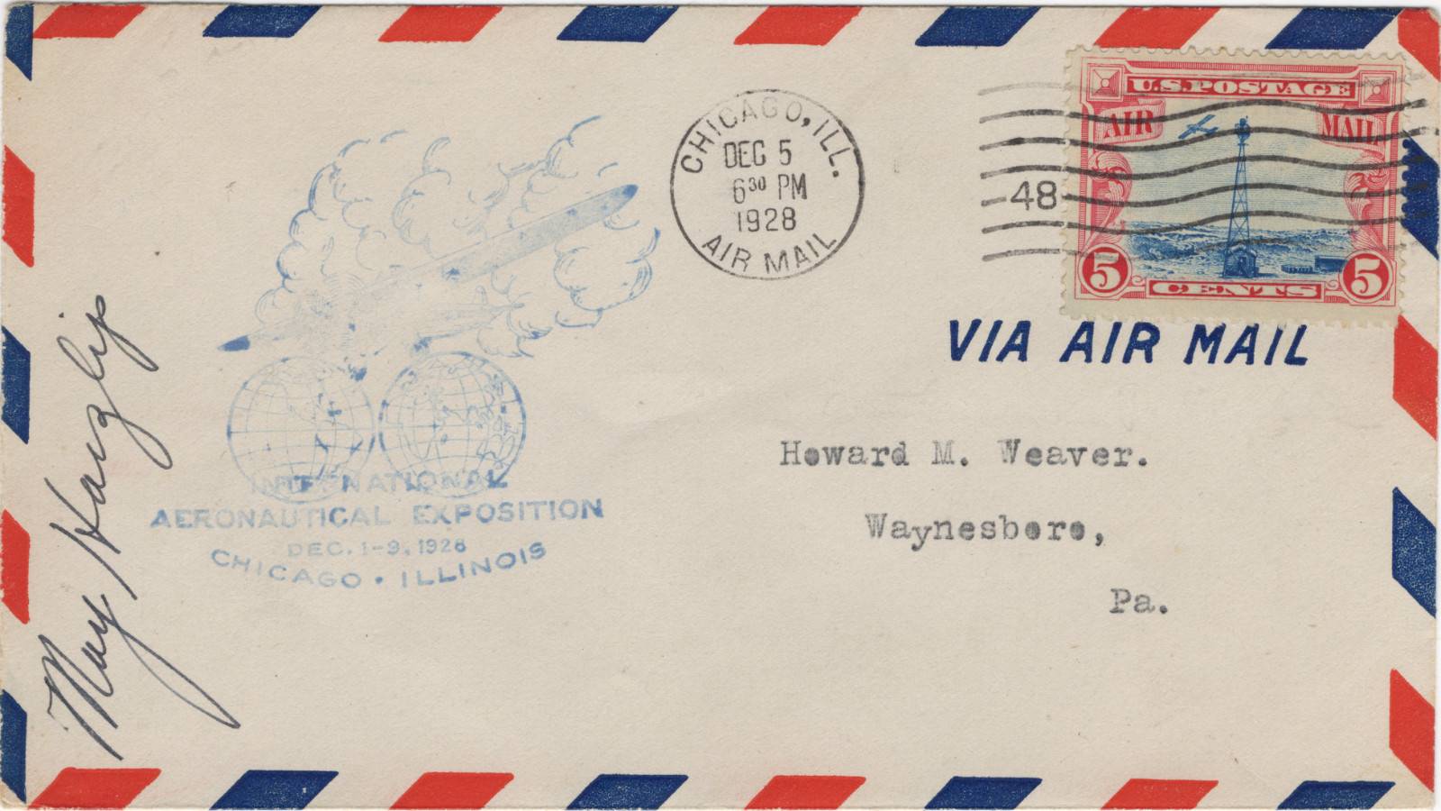 May Haizlip Signed Autograph 1928 Chicago Aeronautical Exposition Airmail Cover