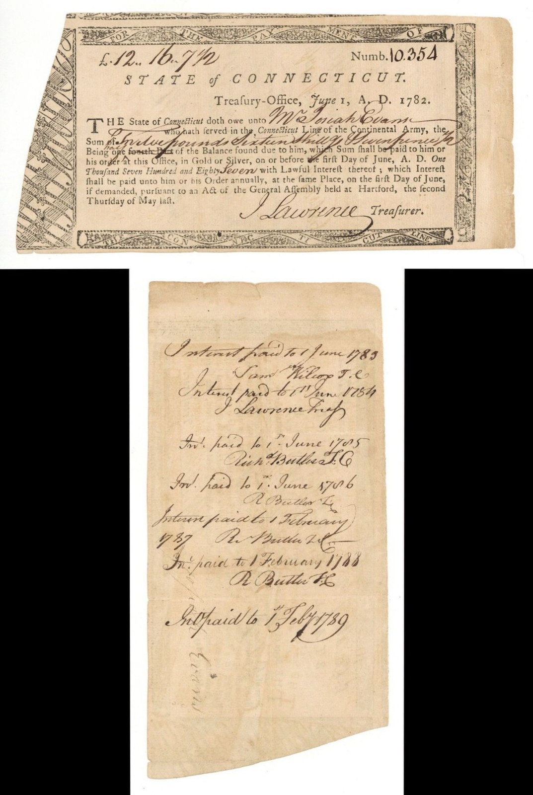 1782 dated Continental Army Connecticut Line Bond issued to Josiah Evans and S 1782 dated Continental Army Connecticut Line Bond issued to Josiah Evans and S