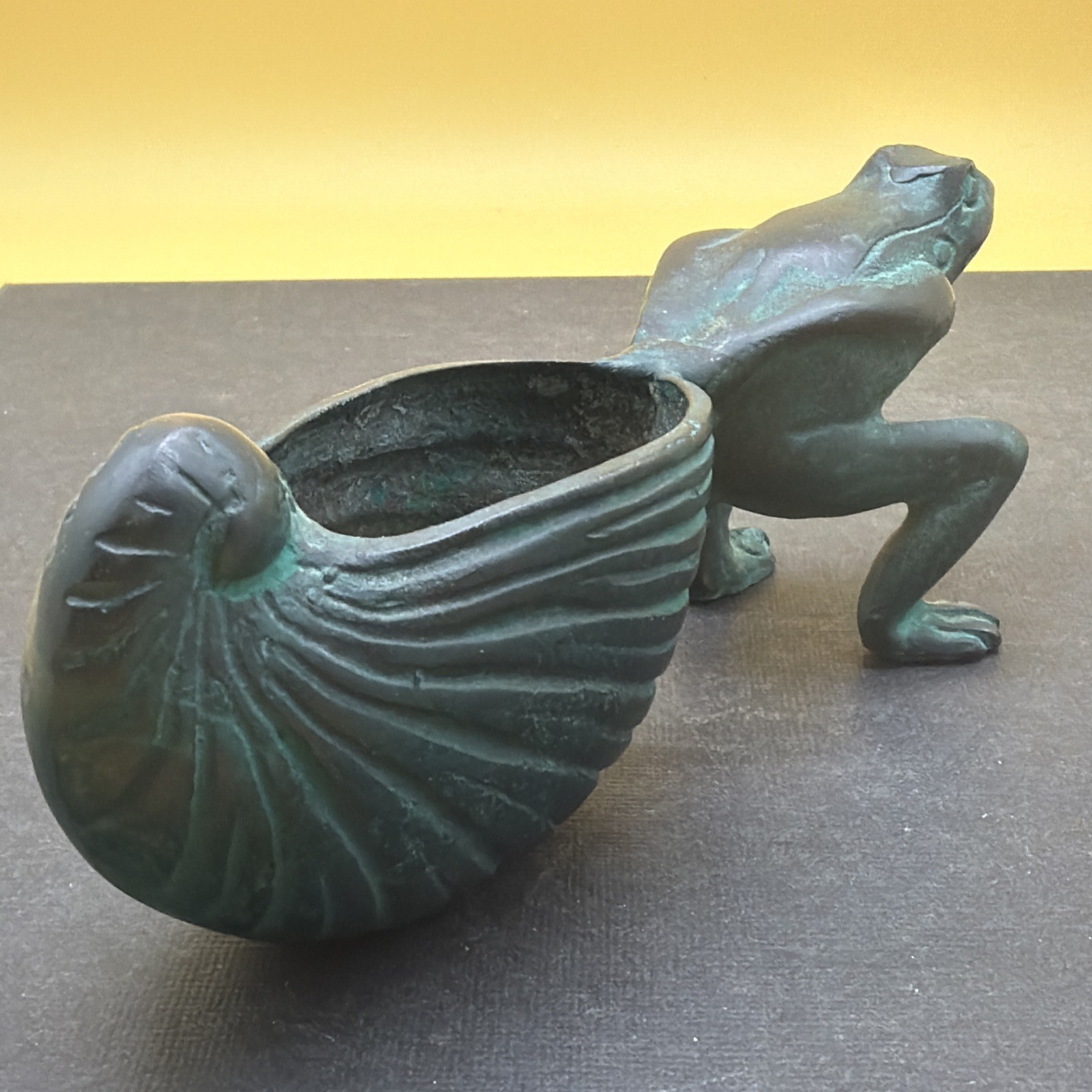 Vintage Solid Bronze Frog Pulling Shell/ Snail Planter 7” Long Nice Patina
