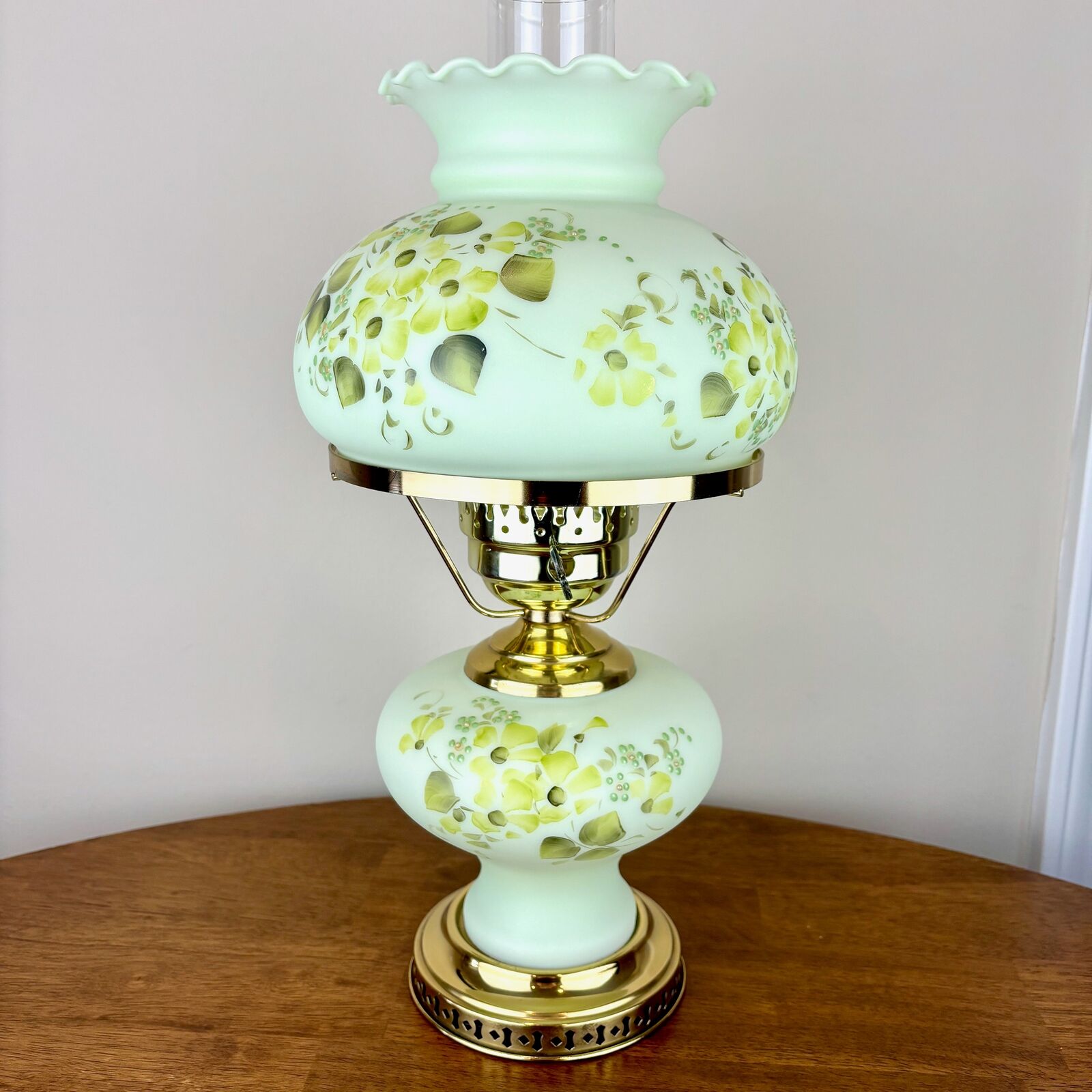 Vintage Hand Painted Milk Glass Pastel Green Floral Hurricane Lamp