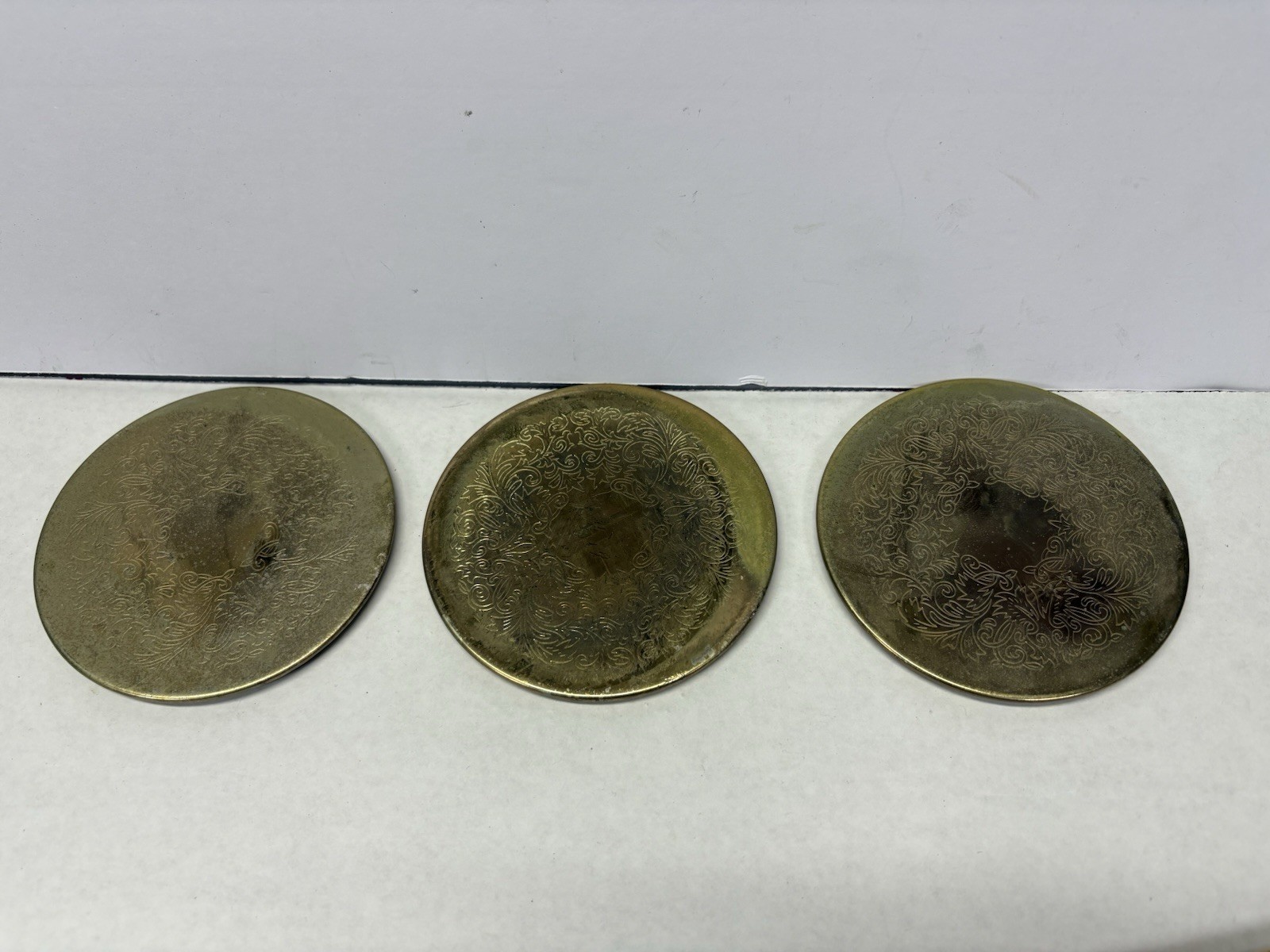 3 Vtg Coasters Gold Plated Metal Beverage Cocktail  Barware Vintage MCM Metallic