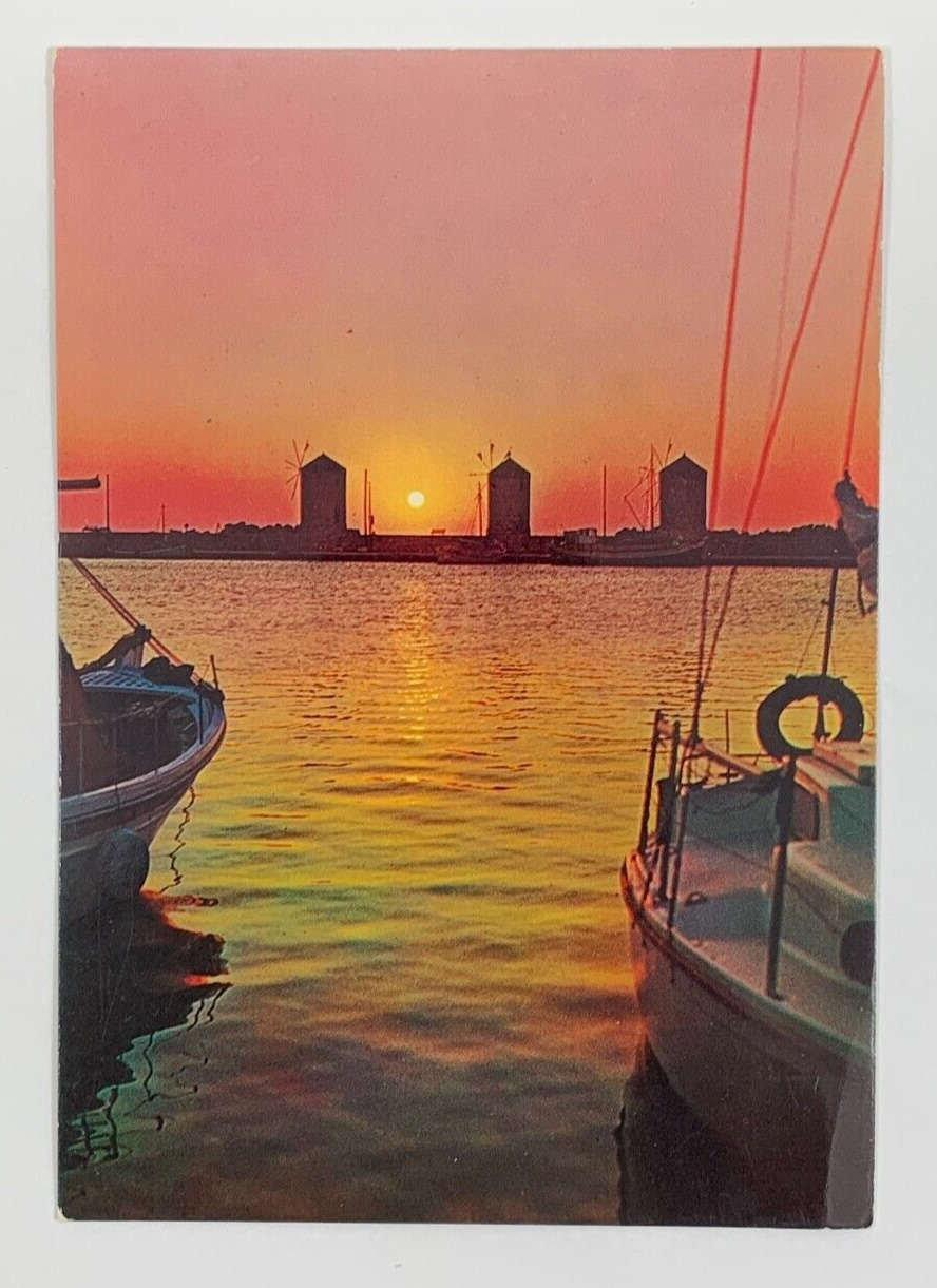 Sunrise at the Harbor Rhodes Greece Postcard Unposted