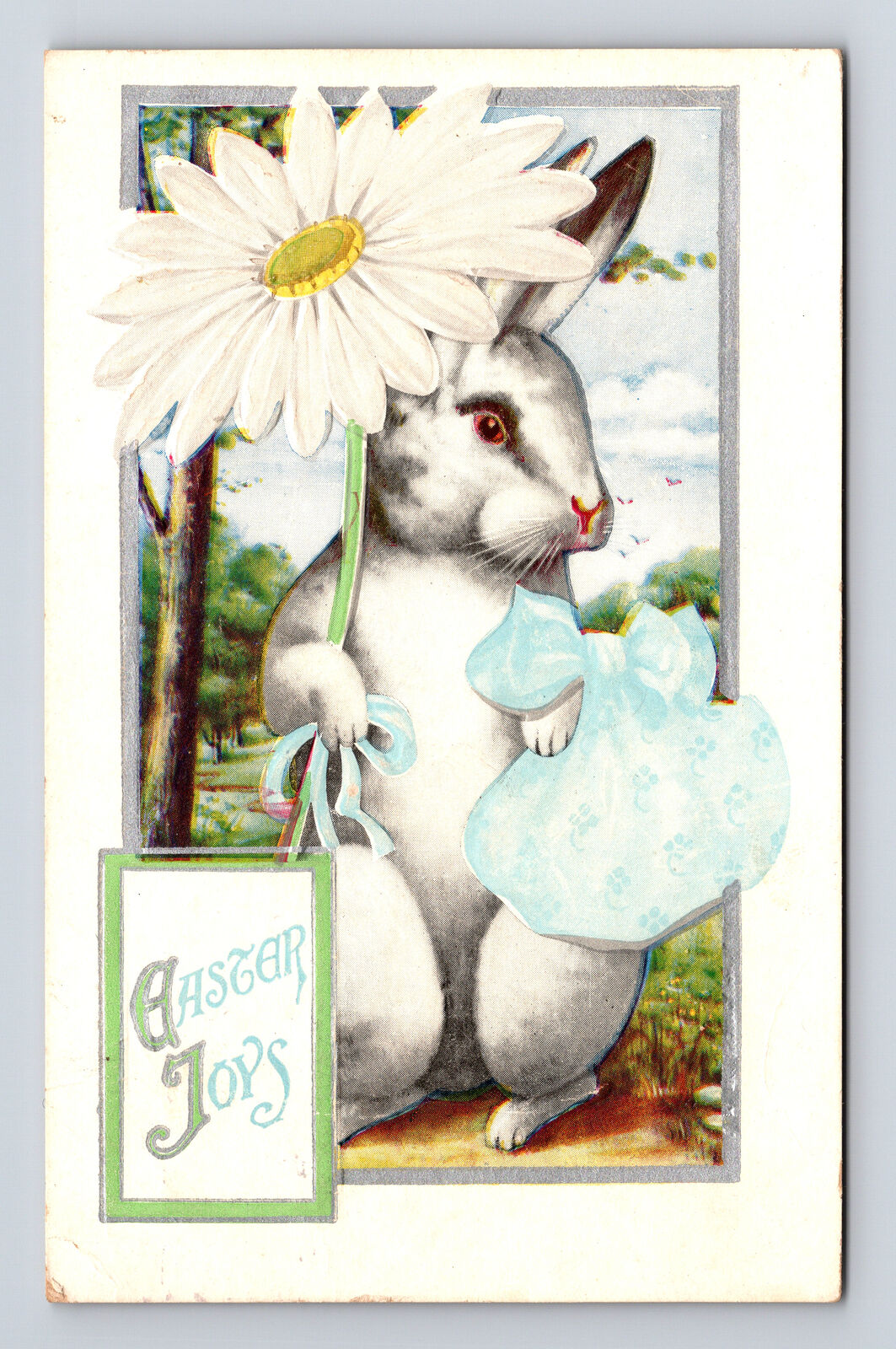 1910 White Rabbit With Daisy Flower Easter Joys Embossed Postcard