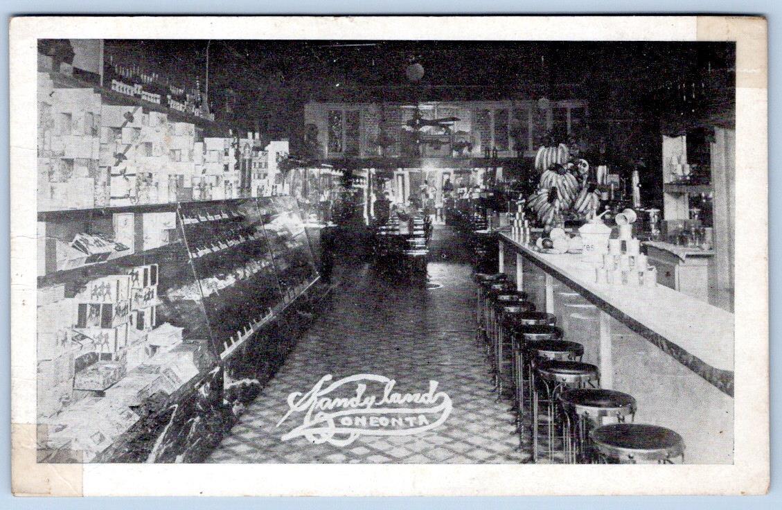 1920-40's KANDYLAND ONEONTA NY CANDY STORE INTERIOR LUNCH COUNTER POSTCARD