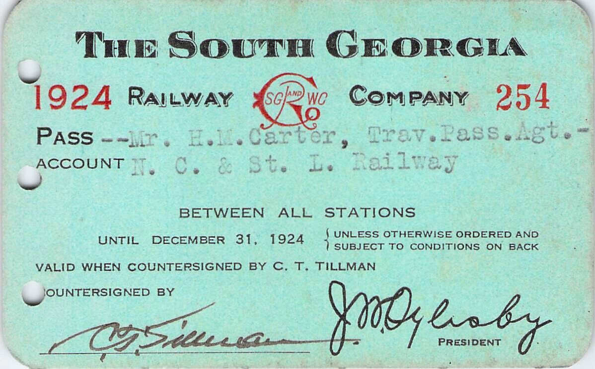 1924 SOUTH GEORGIA NASHVILLE ST LOUIS AGT LOW # 254 RAILROAD RAILWAY RR RY PASS