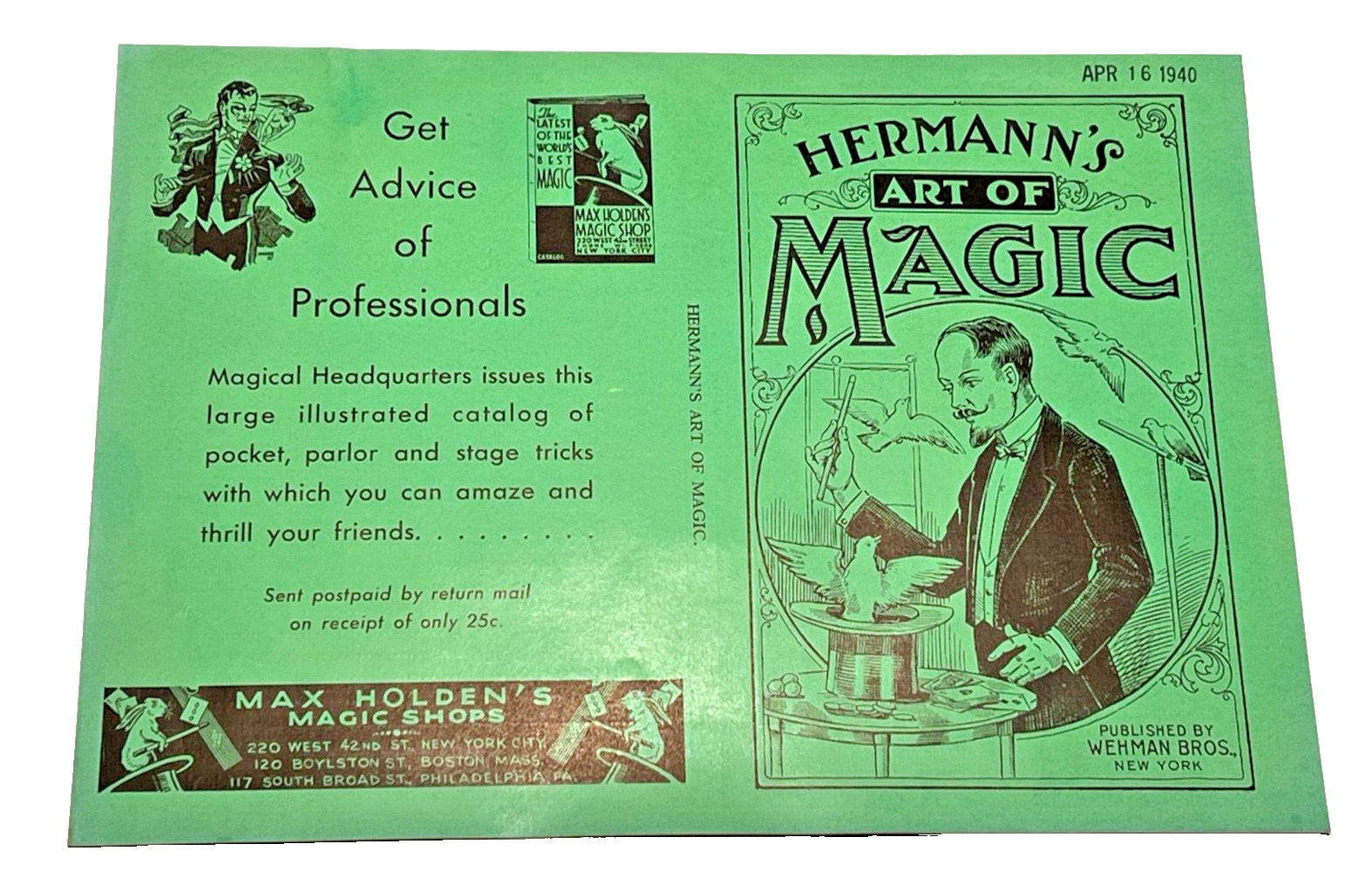 Vintage Wehman Bros Book Cover Sample “Hermann's Art Of Magic”  Circa 1940