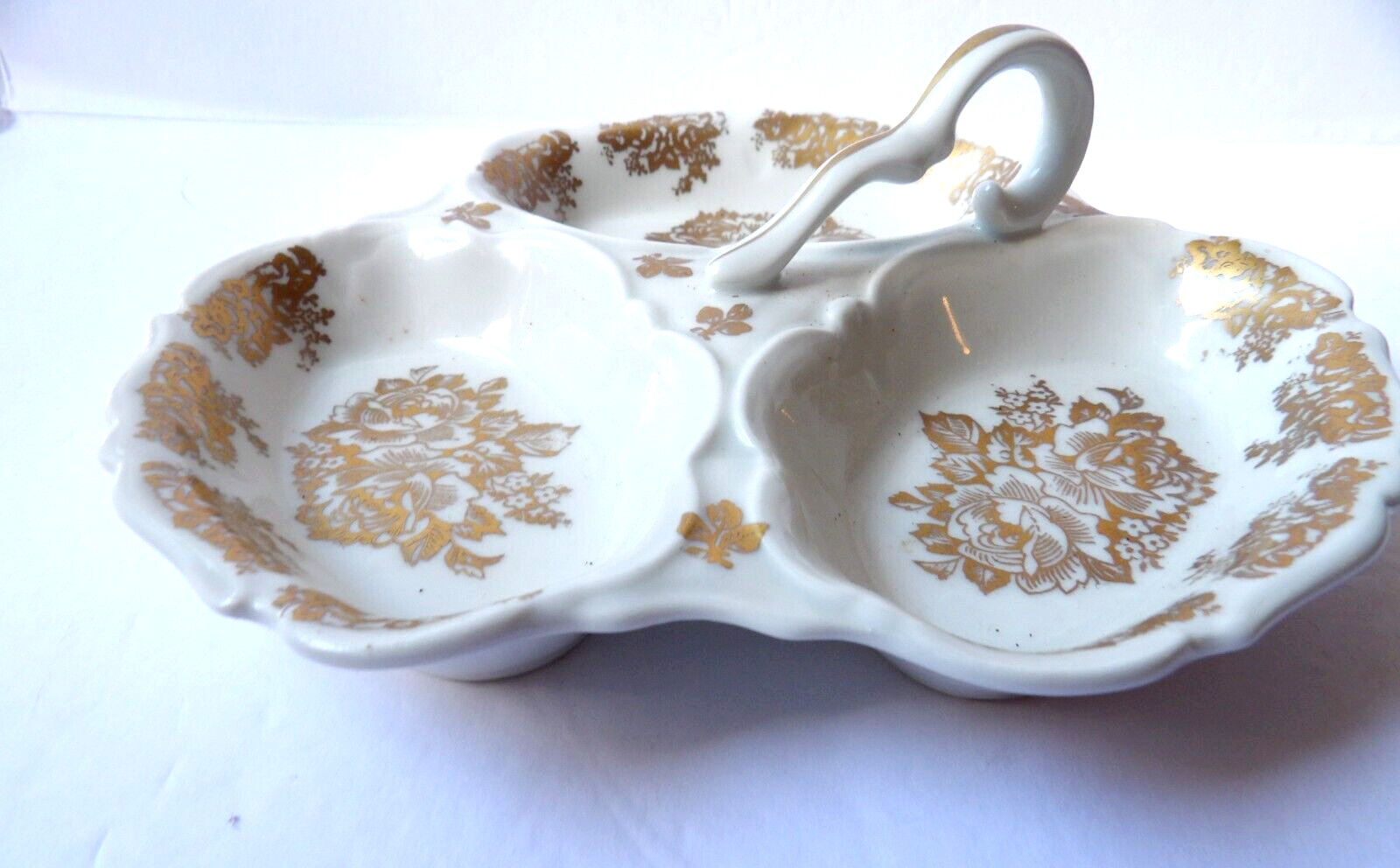 Porcelaine De France Leaf Shaped Three Compartment Dish Gold Floral Design