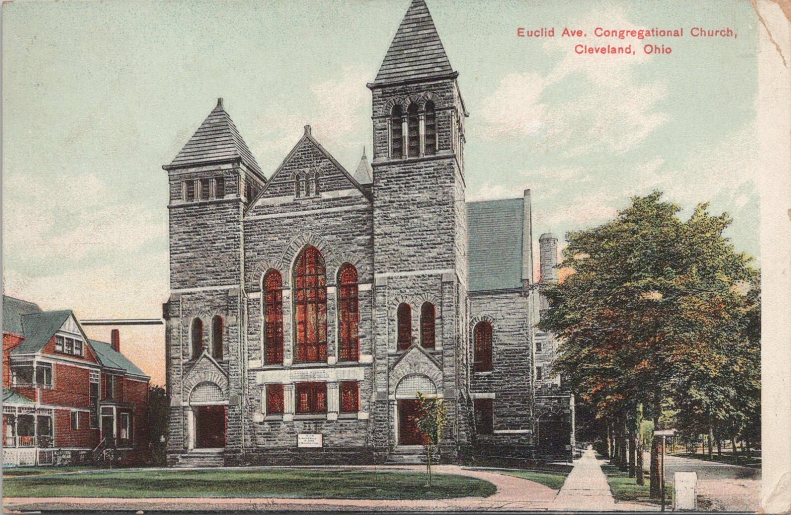 Lithograph ** Cleveland Ohio Street View at Congregational Church 1910