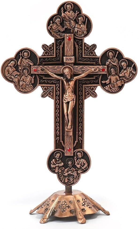 Standing Crucifix with Base - Antique Copper Plated Metal Red Crystal Jesus