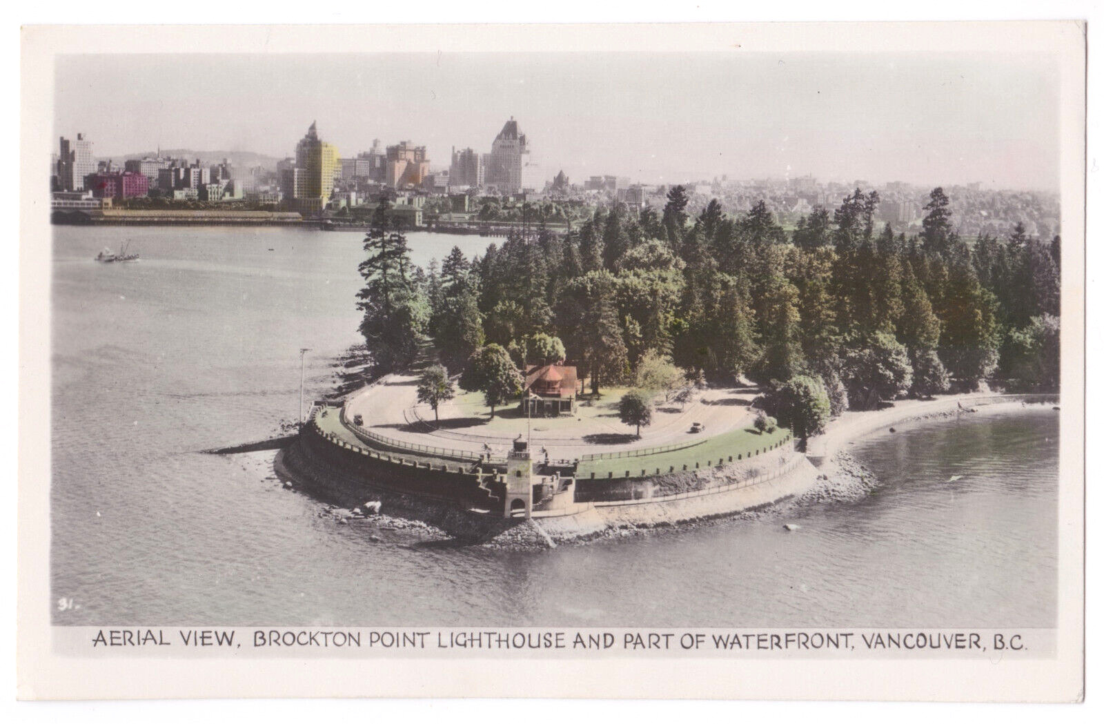 Vancouver BC Brockton Point Lighthouse Waterfront Aerial View Tinted RPPC