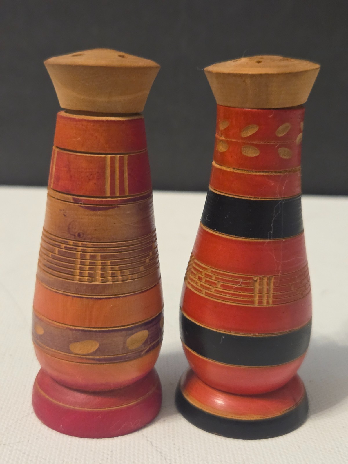 Vintage 1960s Mexico Wooden Salt Pepper Shakers Painted Geometric Folk Art