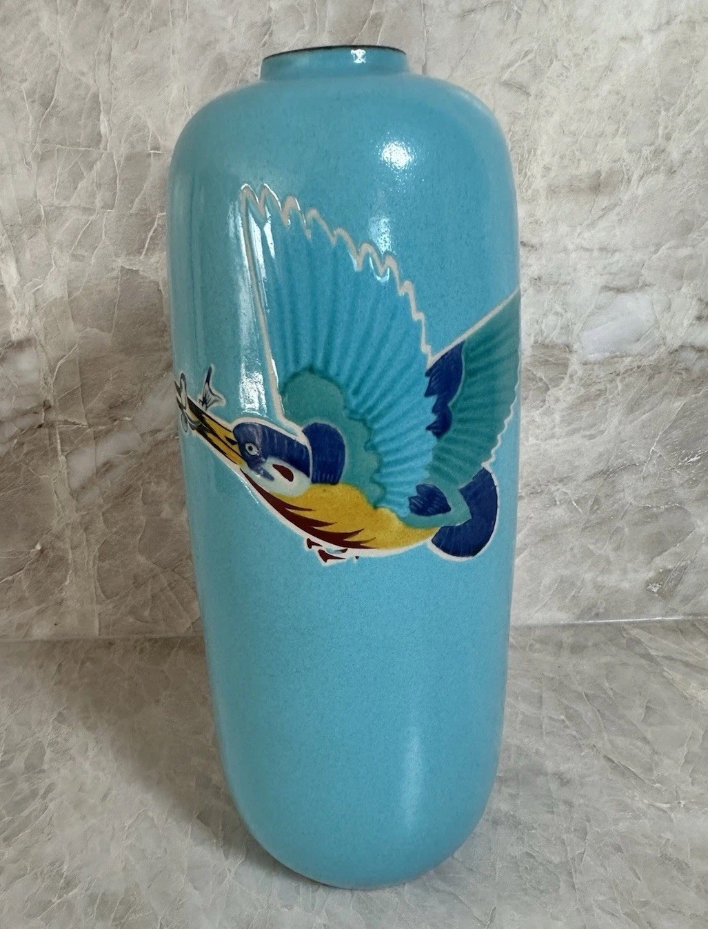 Vintage Kutani Gyokuro Japan Turquoise Kingfisher Bird Vase 10