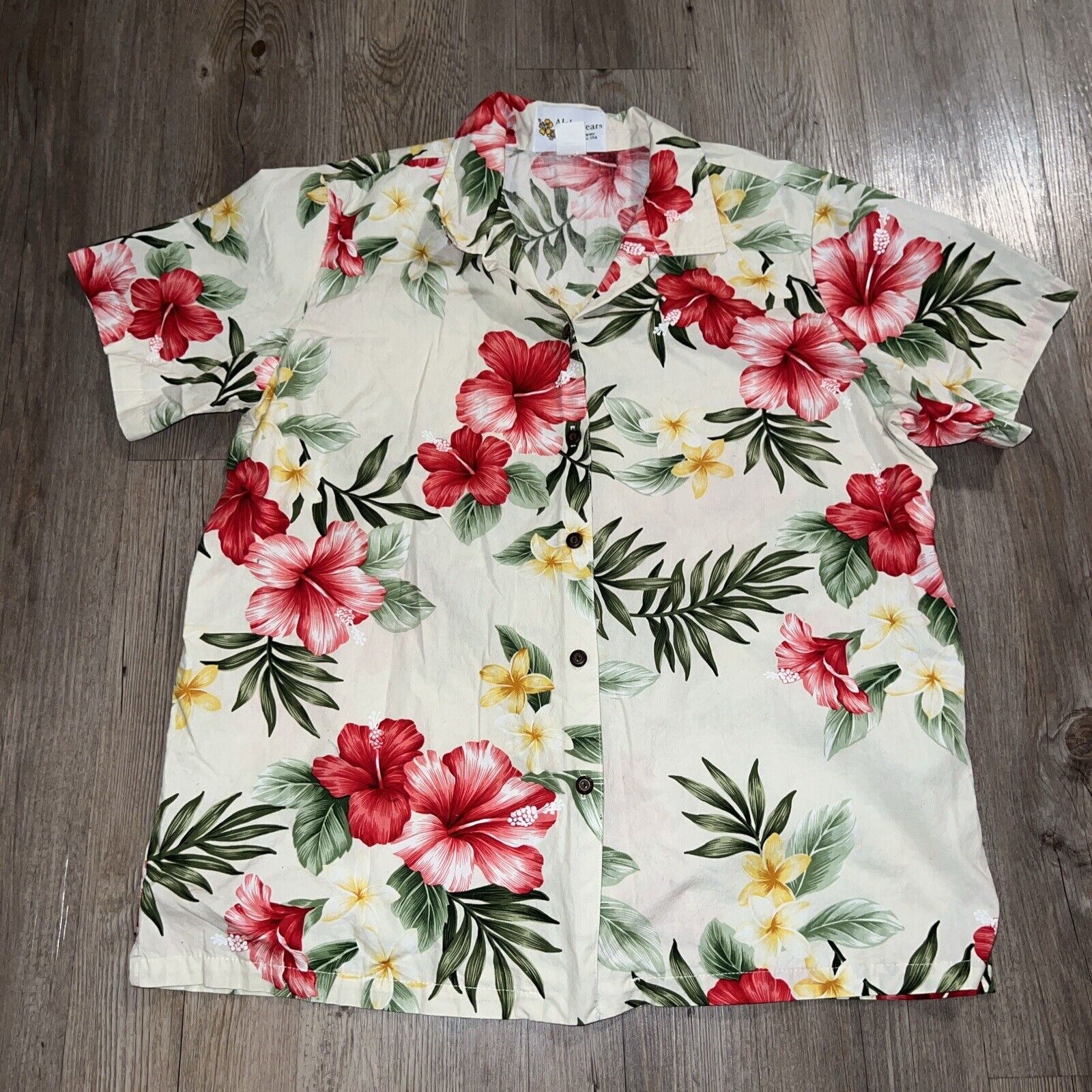 Vintage Women’s Alohawears Hawaiian Shirt Size XL Hibiscus Beach Made In Hawaii