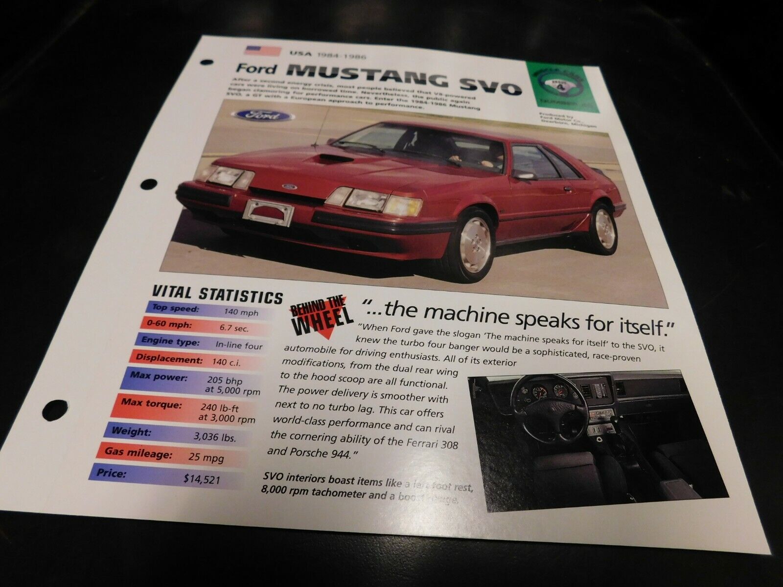 1984-1986 Ford Mustang 2.3 SVO Spec Sheet Brochure Photo Poster 1985 1985.5