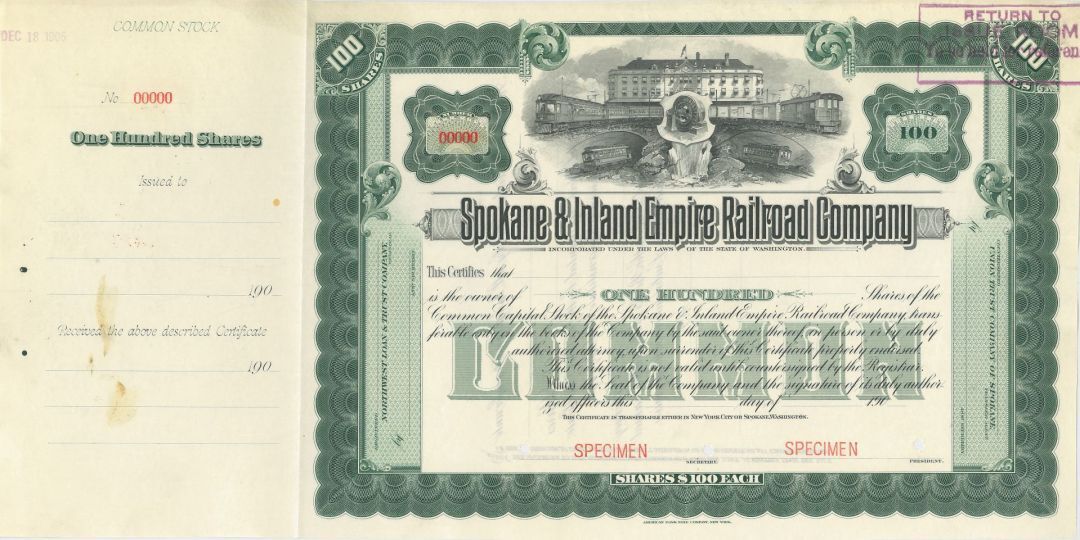 Spokane and Inland Empire Railroad Co. - Specimem Certificate - Specimen Stocks 