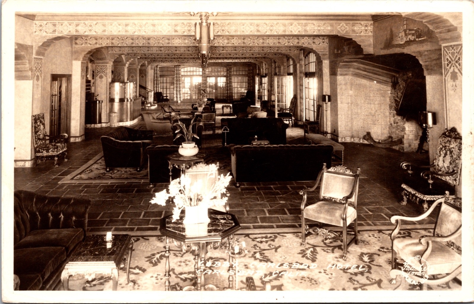 Lobby Springbed Hotel Carlsbad California Frashers Real Photo Postcard 1930s