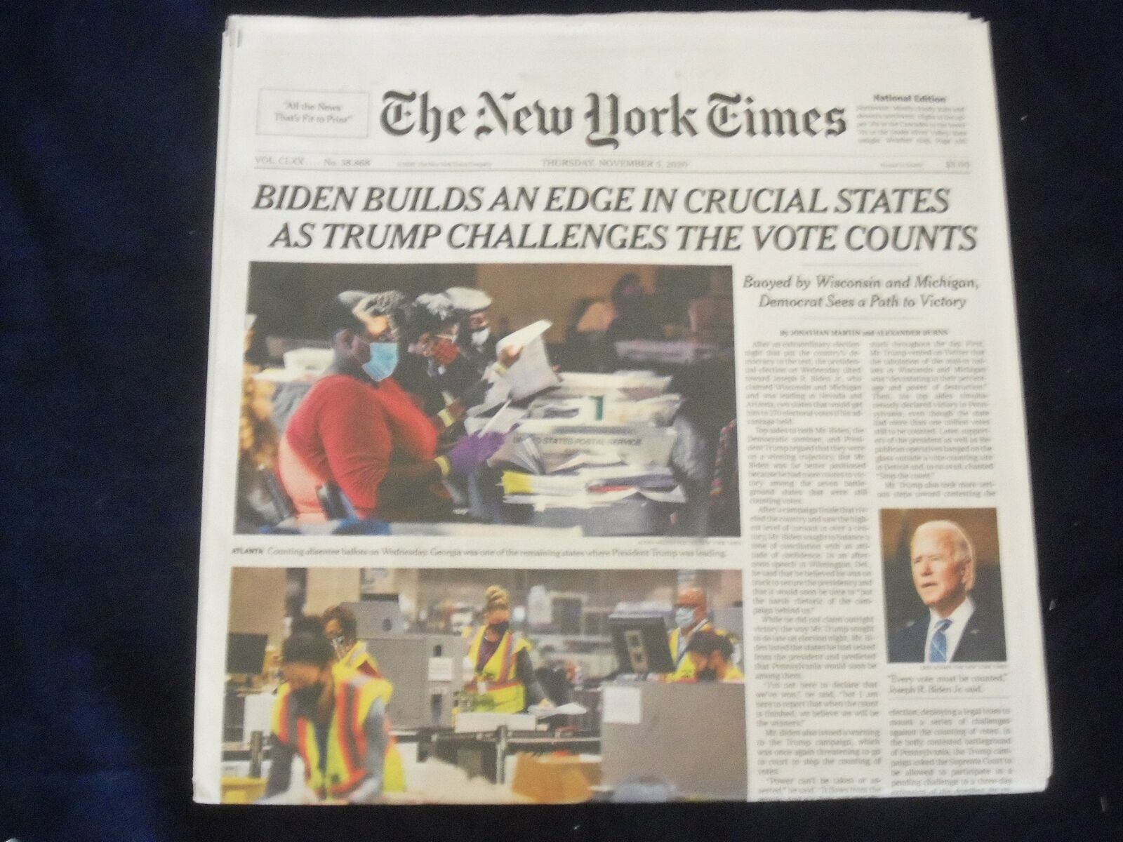 2020 NOV 5 NEW YORK TIMES- BIDEN BUILDS EDGE IN CRUCIAL STATES, TRUMP CHALLENGES