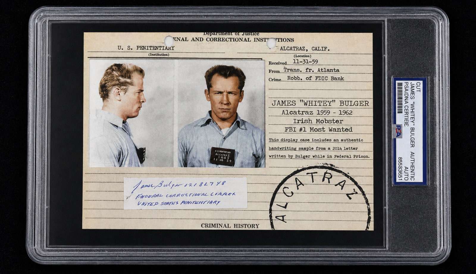 Signed James Whitey Bulger The Departed Winter Hill Gang Alcatraz Cut Auto PSA