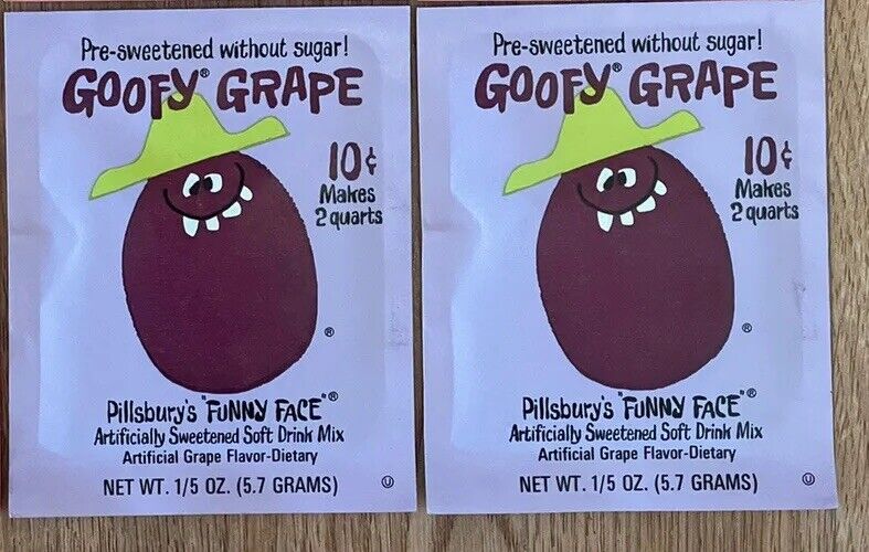 Set of 2 Rare Vintage Sealed Pillsbury Funny Face Drink Mix Packets Goofy Grape