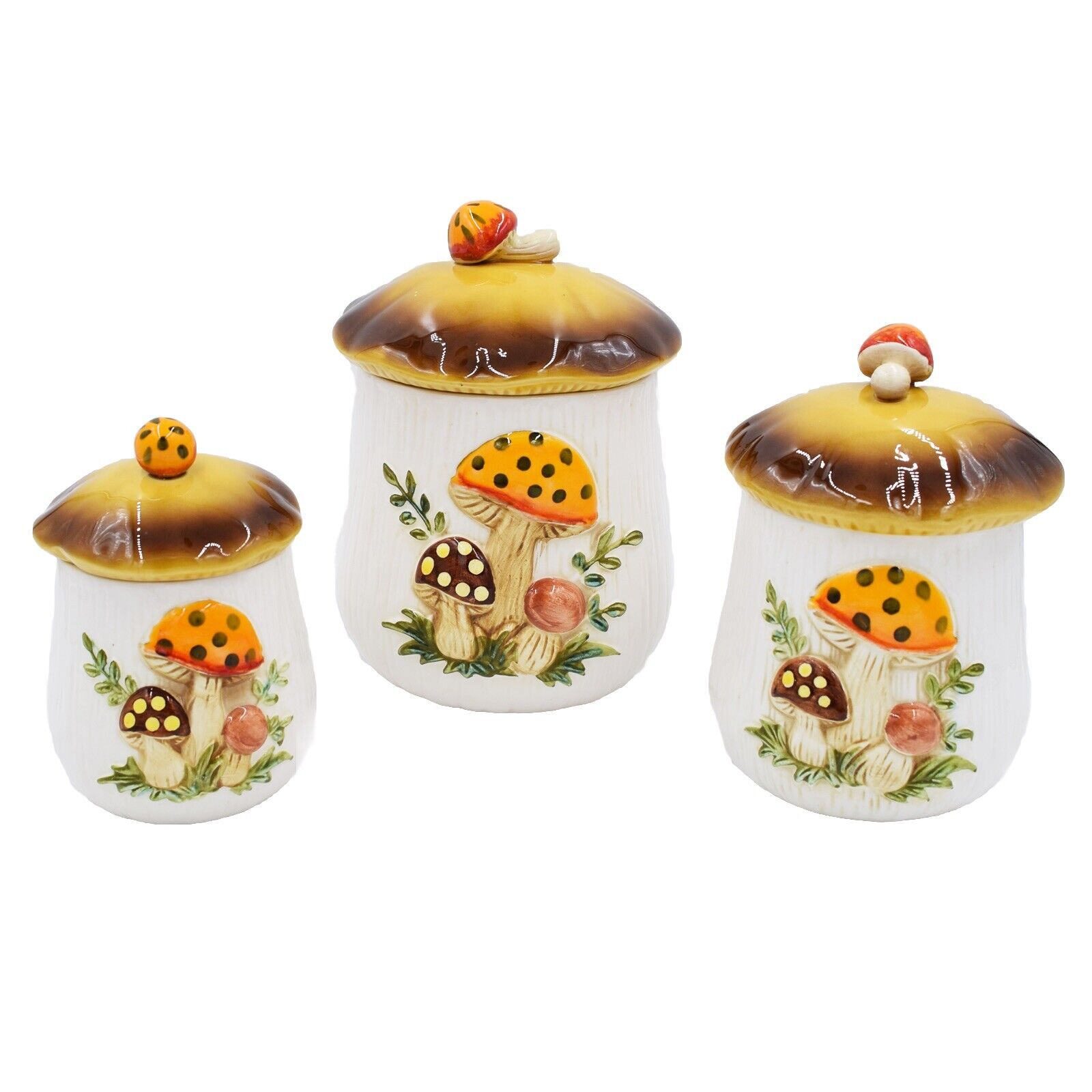 Merry Mushroom 3 Piece Canister Set With Lids Sears Roebuck & Co Japan 1978