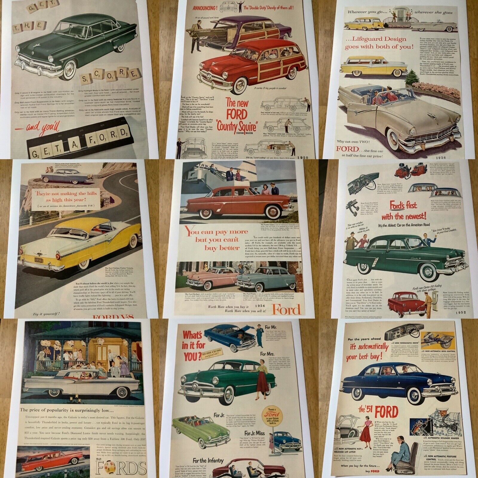 1950’ Ford Automobile Full Page Magazine Advertisements. Lot of 9 Full-Color Ads