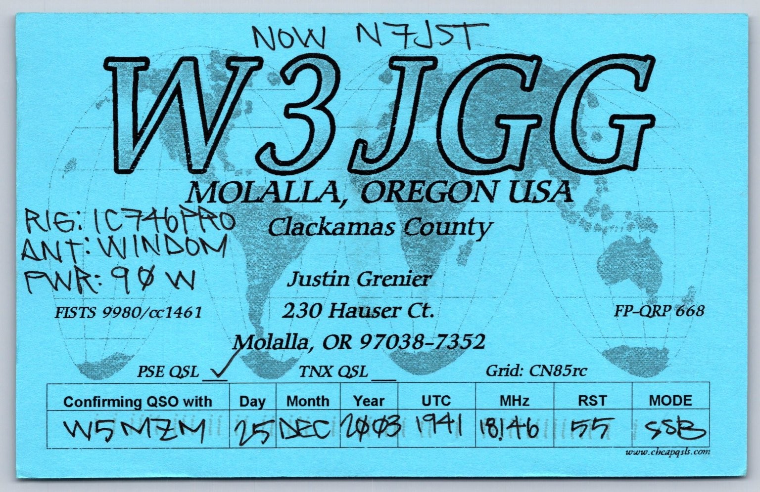 2003 W3JGG Molalla Oregon QSL Card Ham Radio Christmas Day QSO N7JST A393