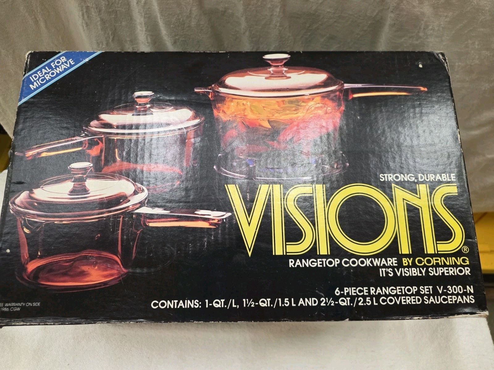 VINTAGE 1986 SEALED VISIONS 6 PIECE RANGETOP COOKWARE SAUCEPAN SET V-300-N VINTAGE 1986 SEALED VISIONS 6 PIECE RANGETOP COOKWARE SAUCEPAN SET V-300-N