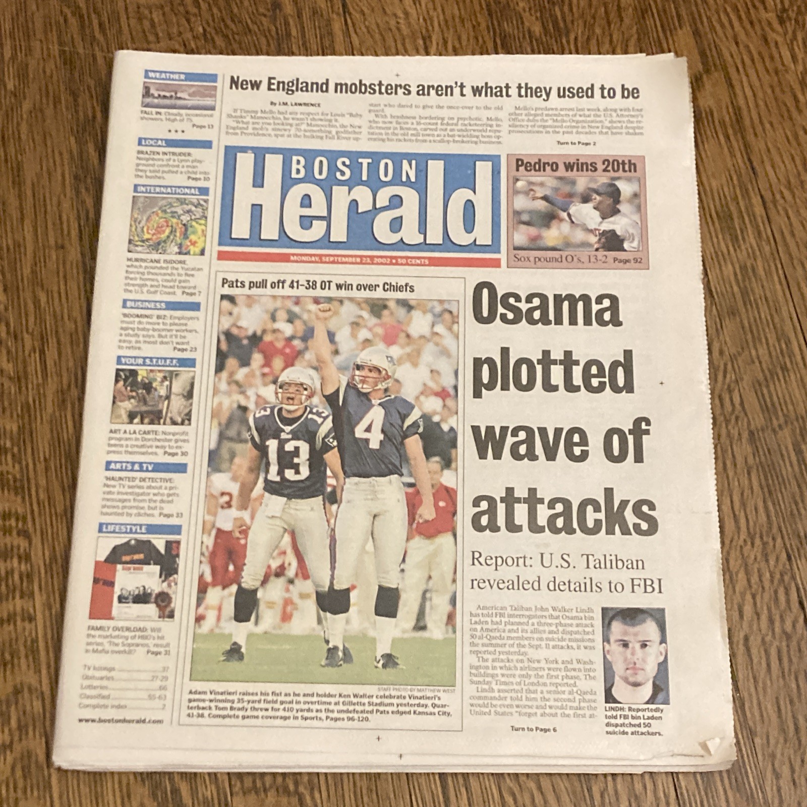 September 23, 2002 Boston Herald War On Terrorism Full-Newspaper