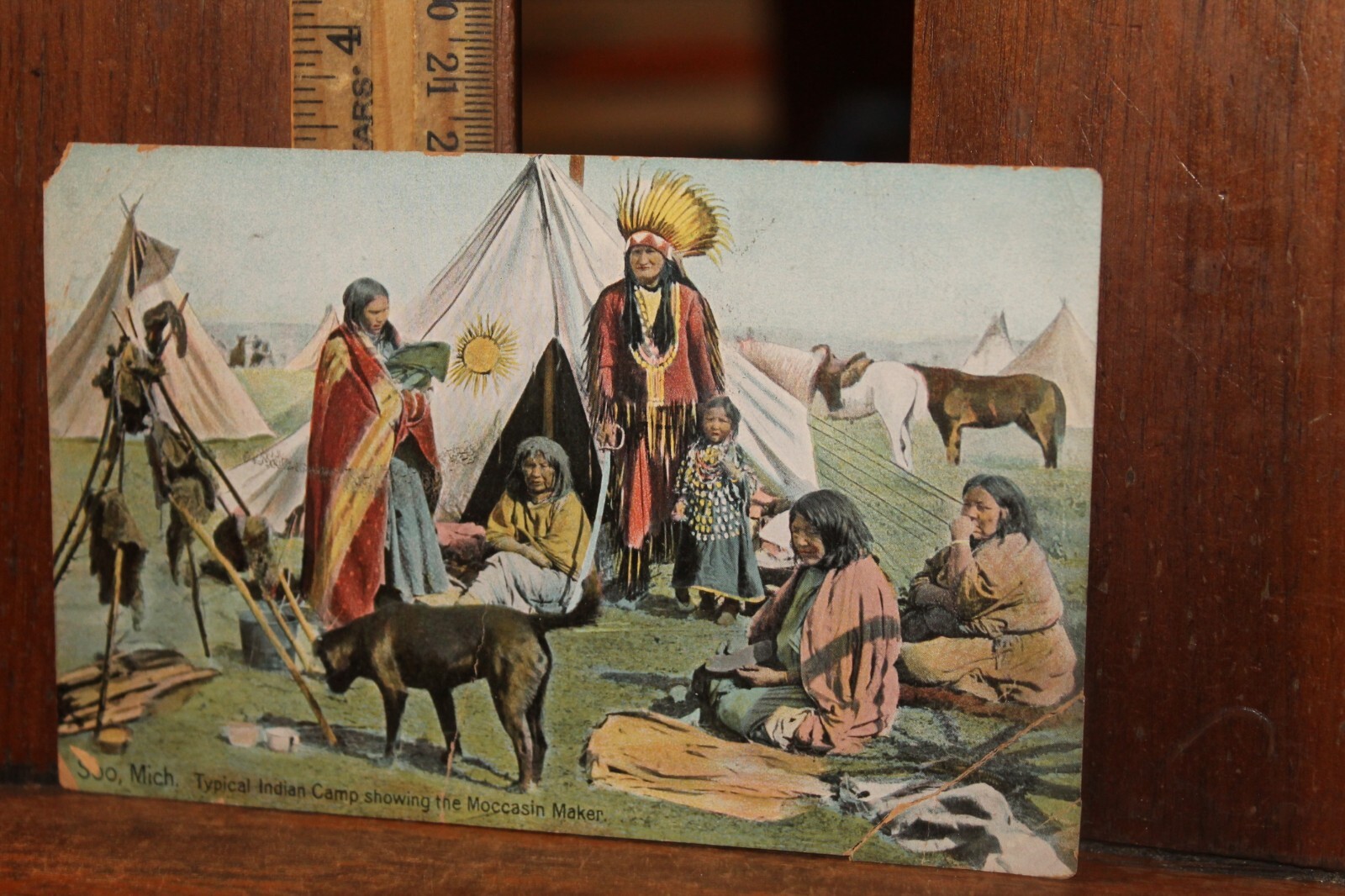 Antique 1907 Postcard Native American Soo Mich Typical Indian Camp Moccasins