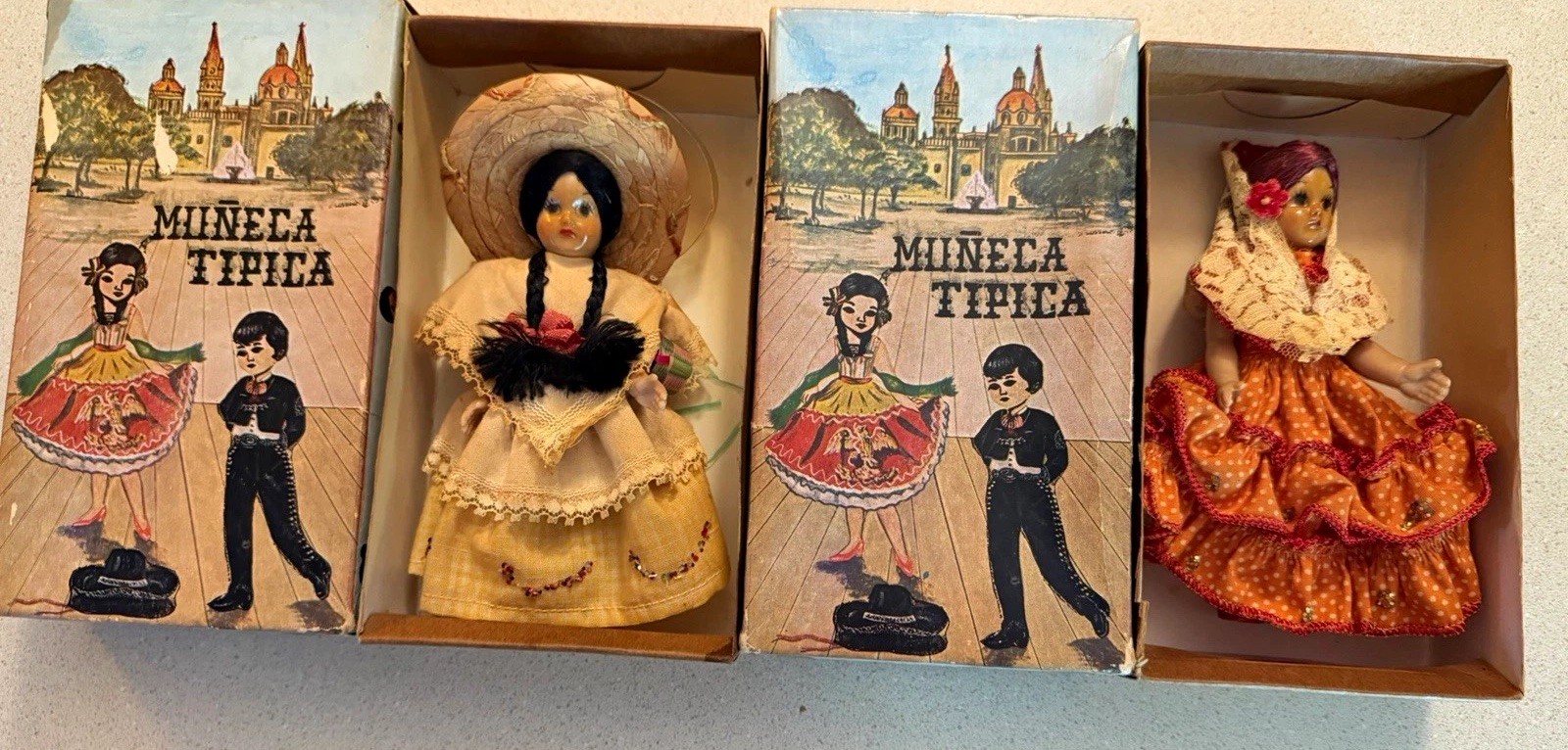 Mexican Muñeca Típica Traditional Folk Art Dolls w/ Original Boxes (2)