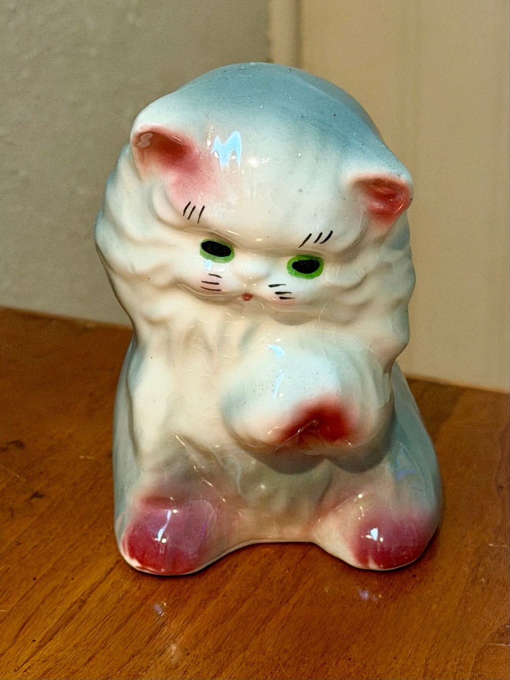 Vintage Ceramic Fluffy Persian Cat Planter Figurine Green Eyes Blue Back